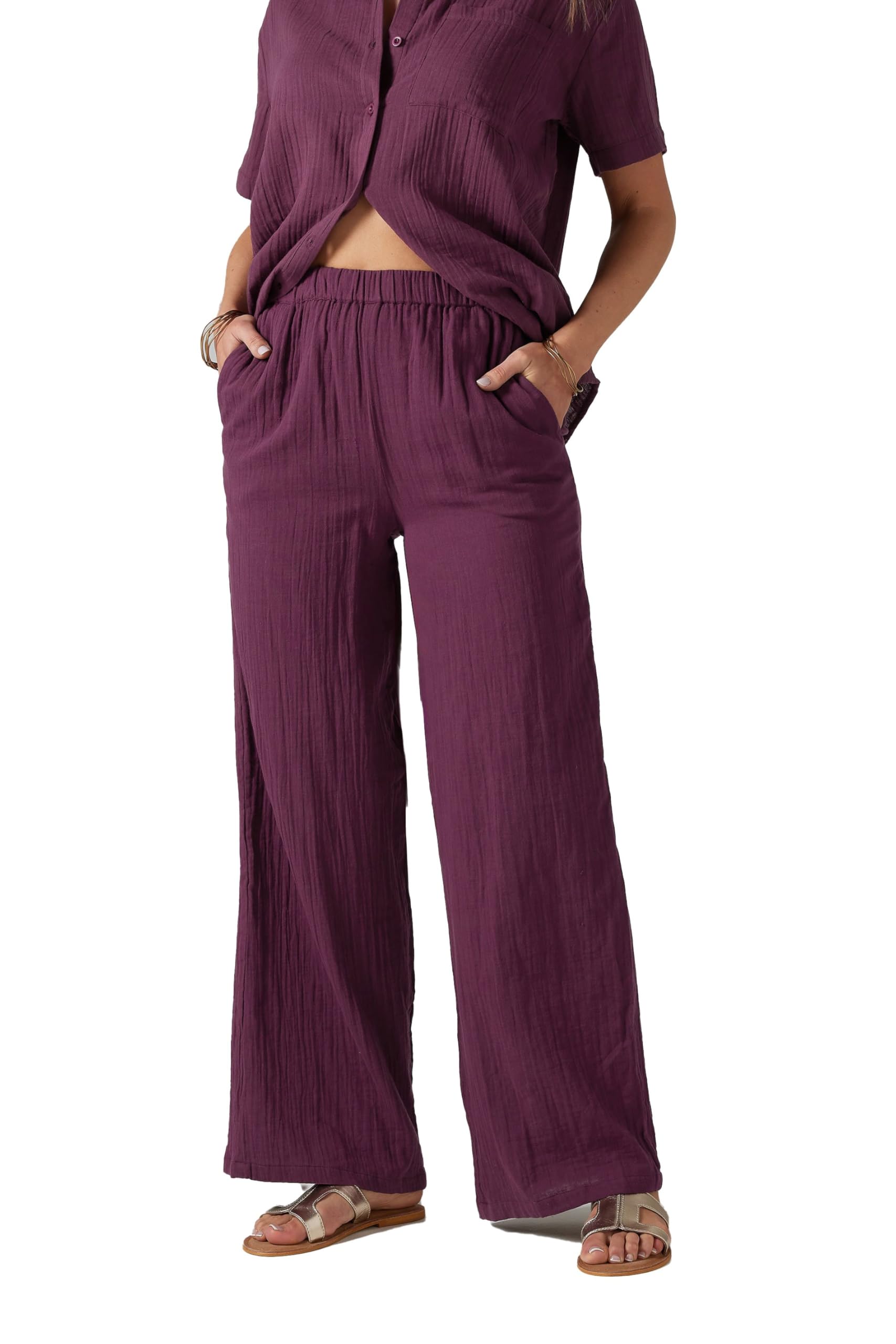 Long Tall Sally - LTS Tall Cotton Cheescloth Wide Leg Trousers - Women's Dark Red