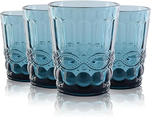 Juego de 4 vasos de vidrio vintage, vasos de colores de 8.5 onzas, vasos de vidrio románticos para agua, jugo, bebidas (azul)