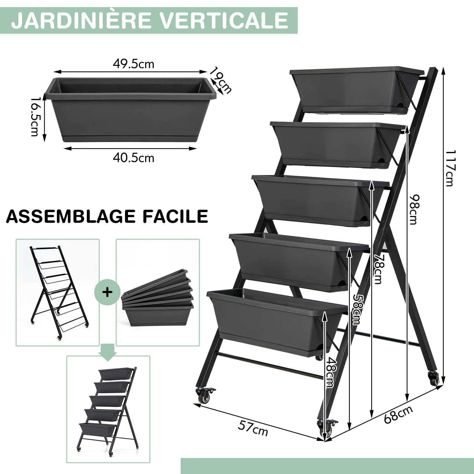 RELAX4LIFE Jardinière Verticale Surélevée avec Roues Verrouillables, Potager sur Pied Urbain à 5 Niveaux en Fer avec Trous de Drainage pour Fleurs Herbes Légumes Terrasse, Balcon (Noir, 50x19x117CM)