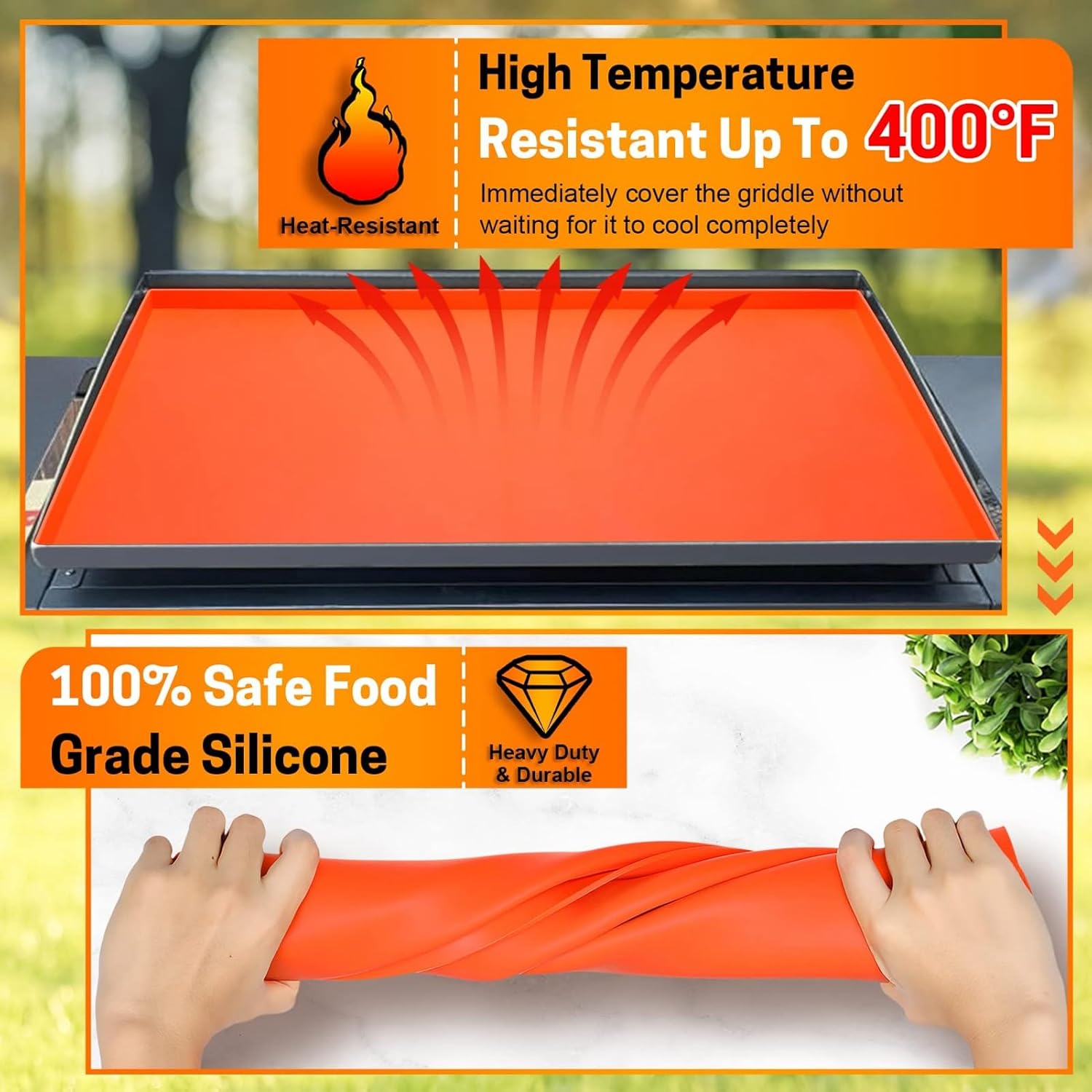 Silicone Griddle Mat Cover, BBQ Grill Mat for Outdoor Cooking, High Temperature Non Stick Protective Grill Mat with Anti Slip Design, Durable Oven Protection Pad for Gas (28in Orange Handle)