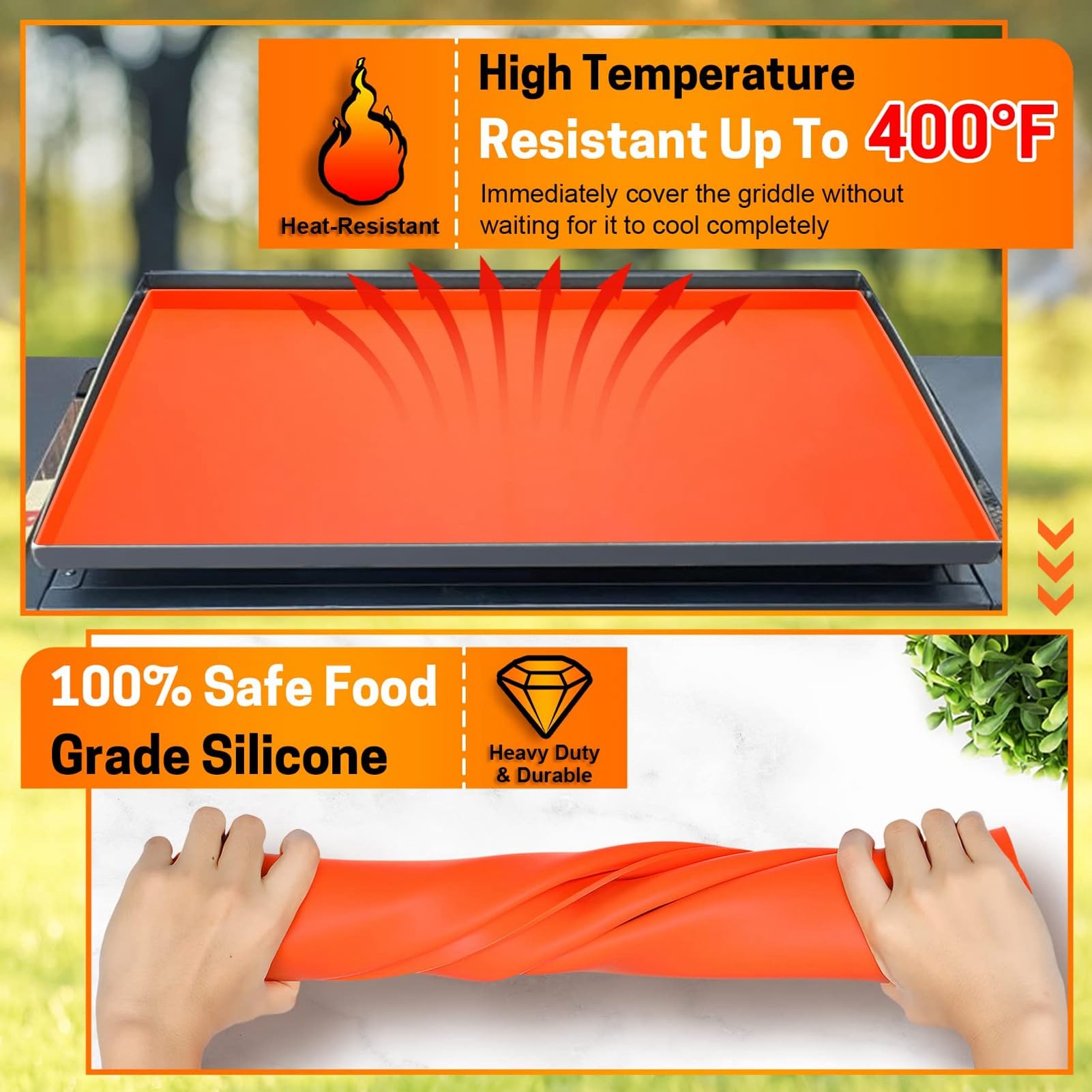 Alfombrilla Protectora de Silicona para Horno, Alta Temperatura, Antideslizante, Antiadherente, Cubierta de Parrilla Duradera para Hornear (Mango Naranja de 36 Pulgadas.)