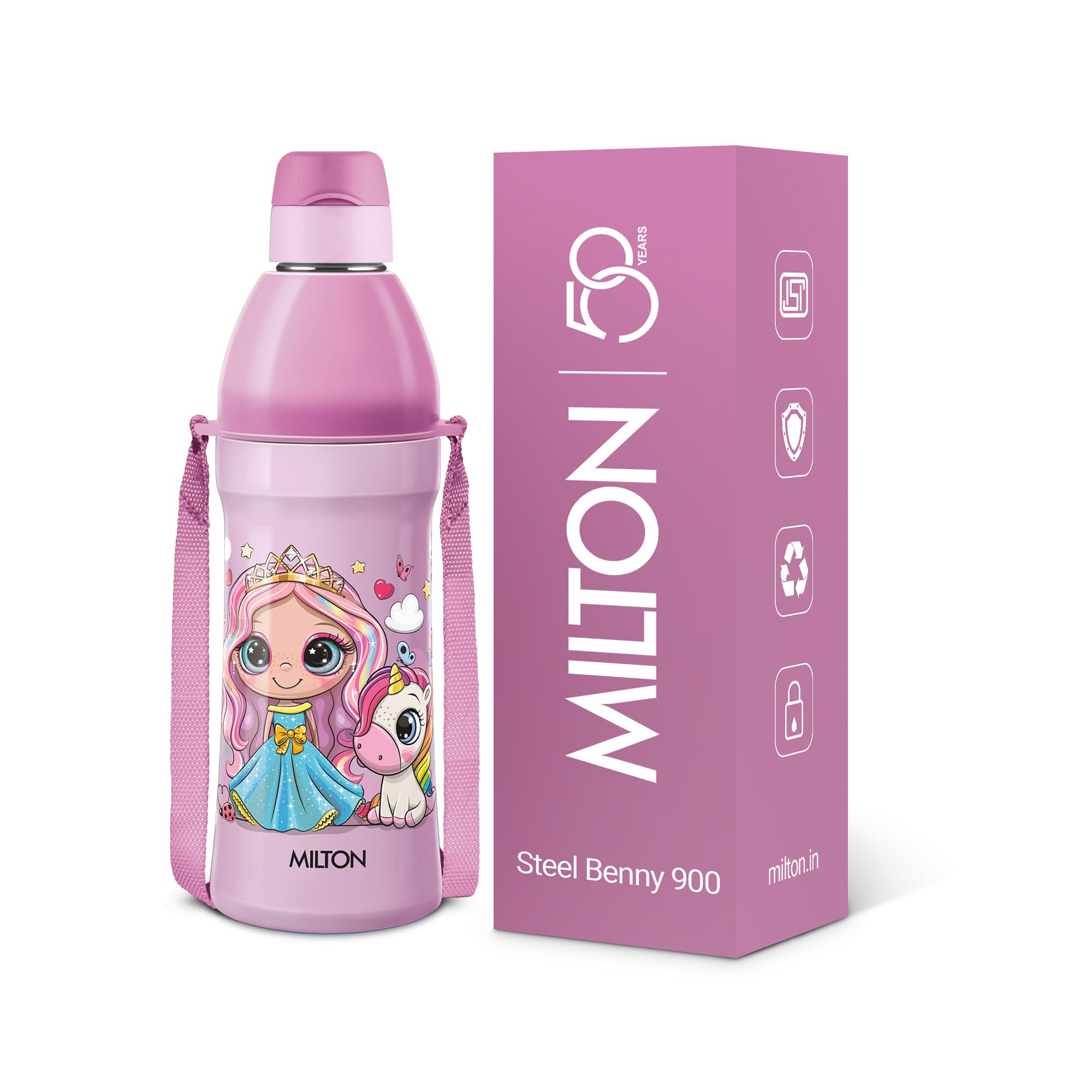Milton Steel Benny 900 Thermoware PU Insulated, 650 ml Water Bottle with Straw for Kids, Leak Proof Flip Top Sipper Lid Bottle, School, Picnic, Easy to Carry Belt, Purple-image-36