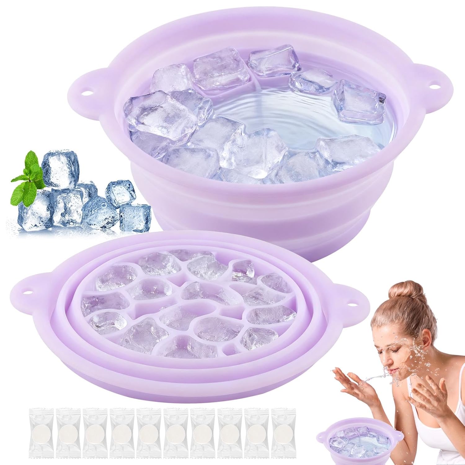 Face Bowl for Ice with Built-in Ice Tray, Collapsible Silicone Facial Face Bath Bowl for Cold Plunge Therap-y, Skin Tightening & Acne Relief, for Home Use,Camping,Travel(COLOR:Purple)