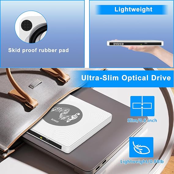 BUNUD External CD DVD Drive: USB C & USB 3.0 CD Burner DVD Player for Laptop PC Windows 11 Mac Linux - Optical Disc Reader Writer with 2 USB/TF/SD Slots - Plug & Play White