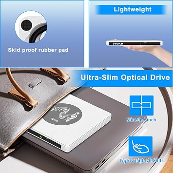 BUNUD External CD DVD Drive: USB C & USB 3.0 CD Burner DVD Player for Laptop PC Windows 11 Mac Linux - Optical Disc Reader Writer with 2 USB/TF/SD Slots - Plug & Play White