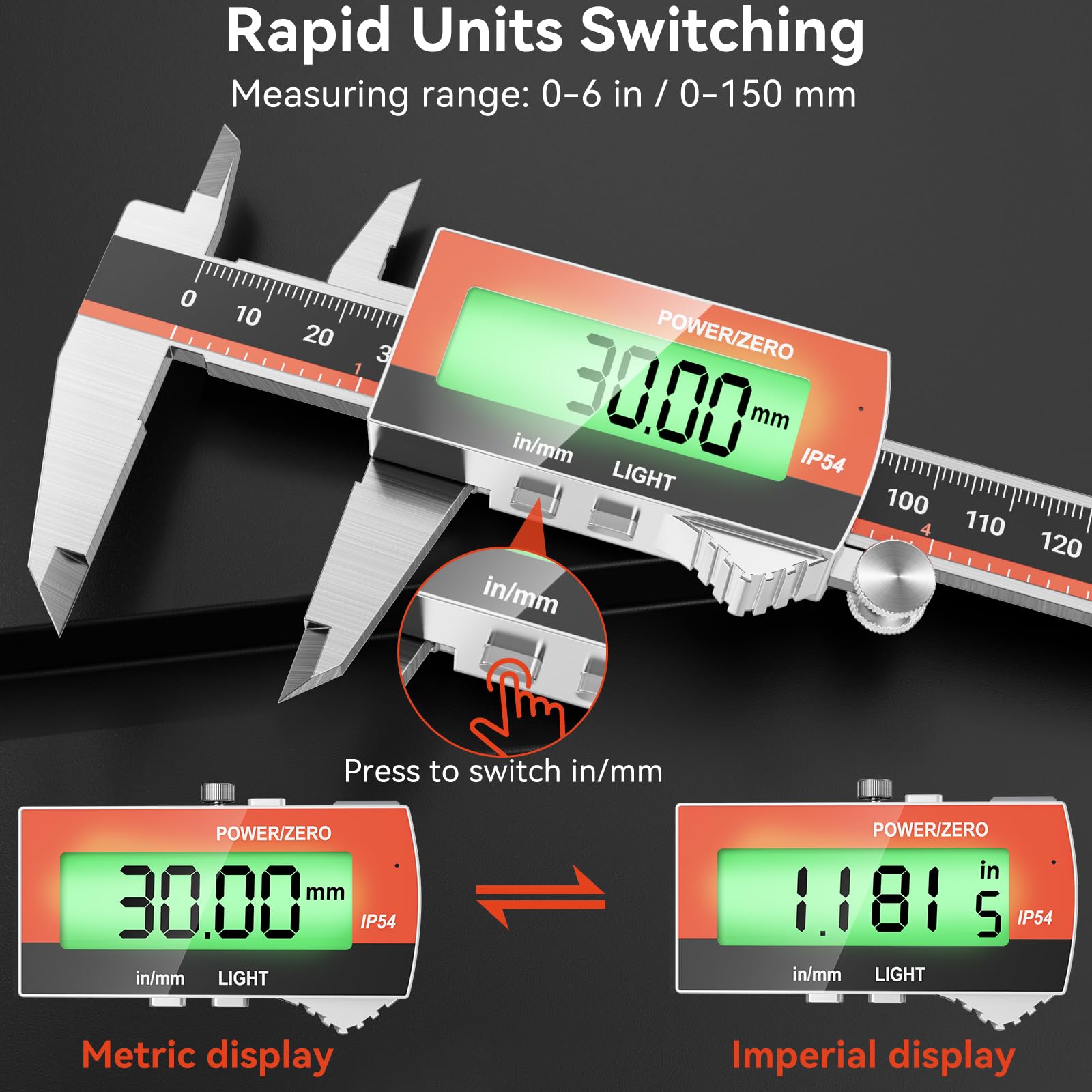 Preciva Pied à Coulisse Numérique Rechargeable avec Rétroéclairage,150mm Pied a Coulisse Digital, Écran LCD Grand, Étanche IP54, Conversion Mm/Pouce - Pied à Coulisse Numérique de Précision