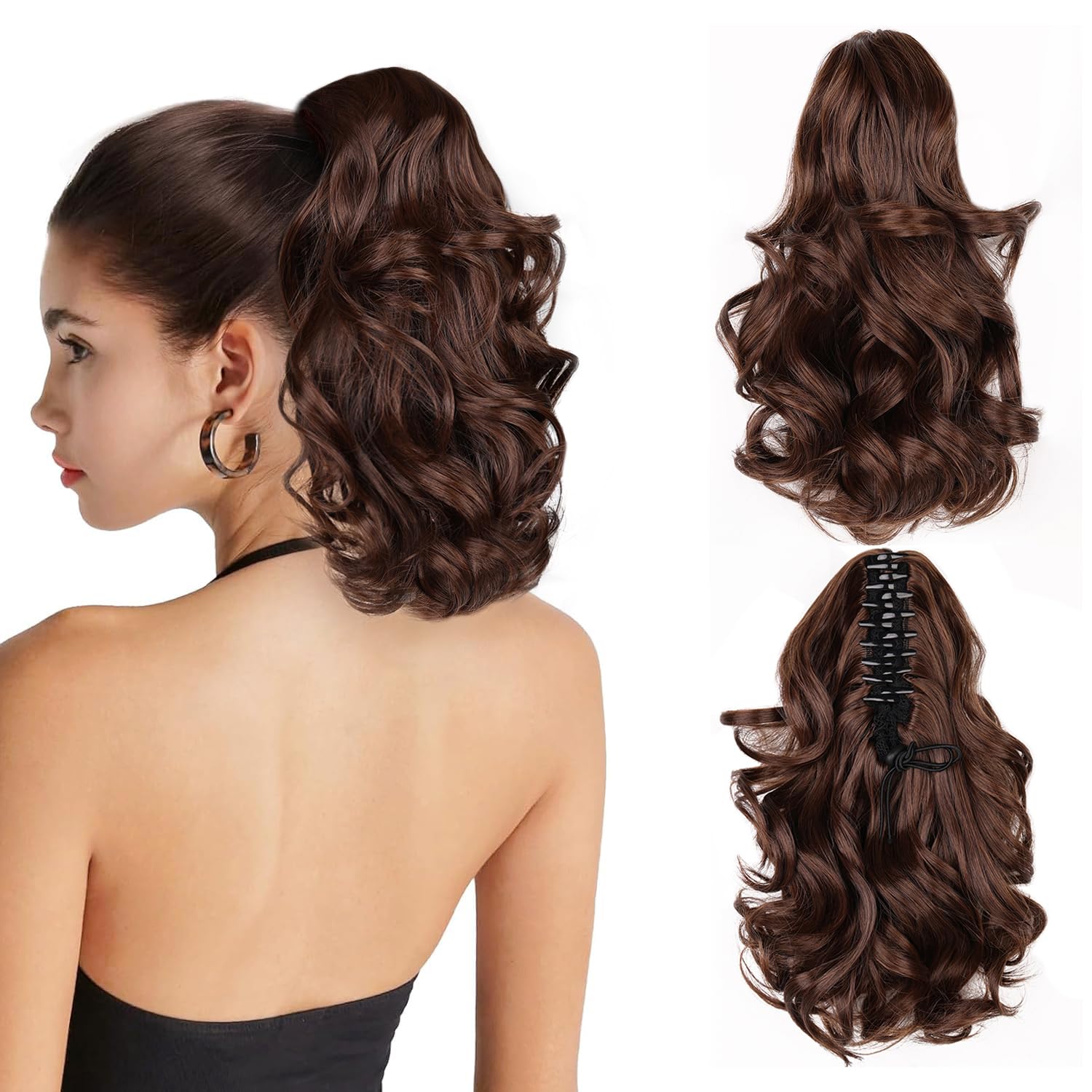 Short Claw Ponytail Extension 10in Claw Clip in Ponytail Hair Extensions Wavy Ponytail Synthetic Hairpiece for Women #M6/30 Chocolate Brown with Highlights
