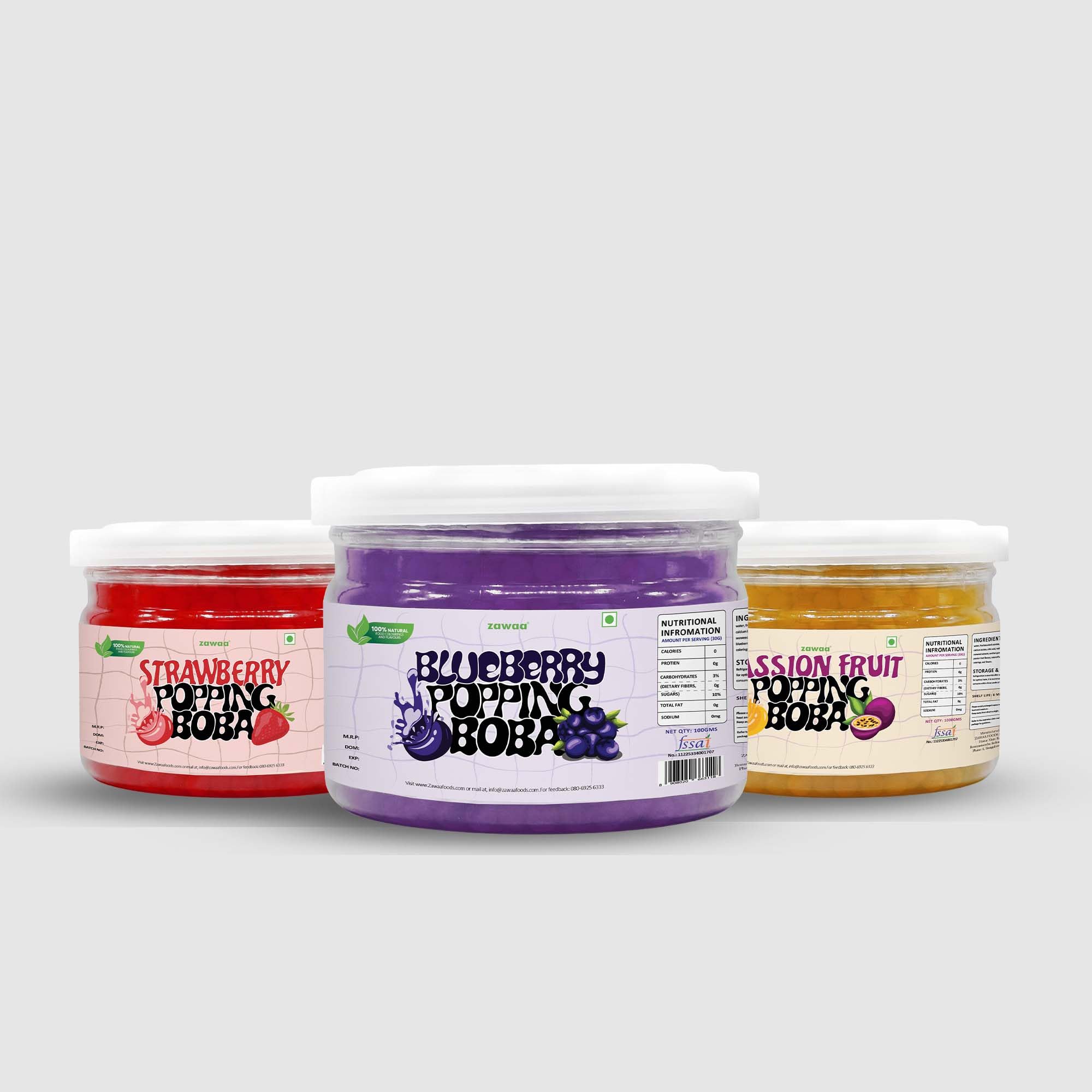 Boba Tea Assorted (Blueberry, Passionfruit and Strawberry) Bubble Tea Popping Bursting Boba Pearls 100g Each Pack of 3 for Ice-cream, Smoothies, Falooda, Puddings, Cakes, Froyo, Milkshake