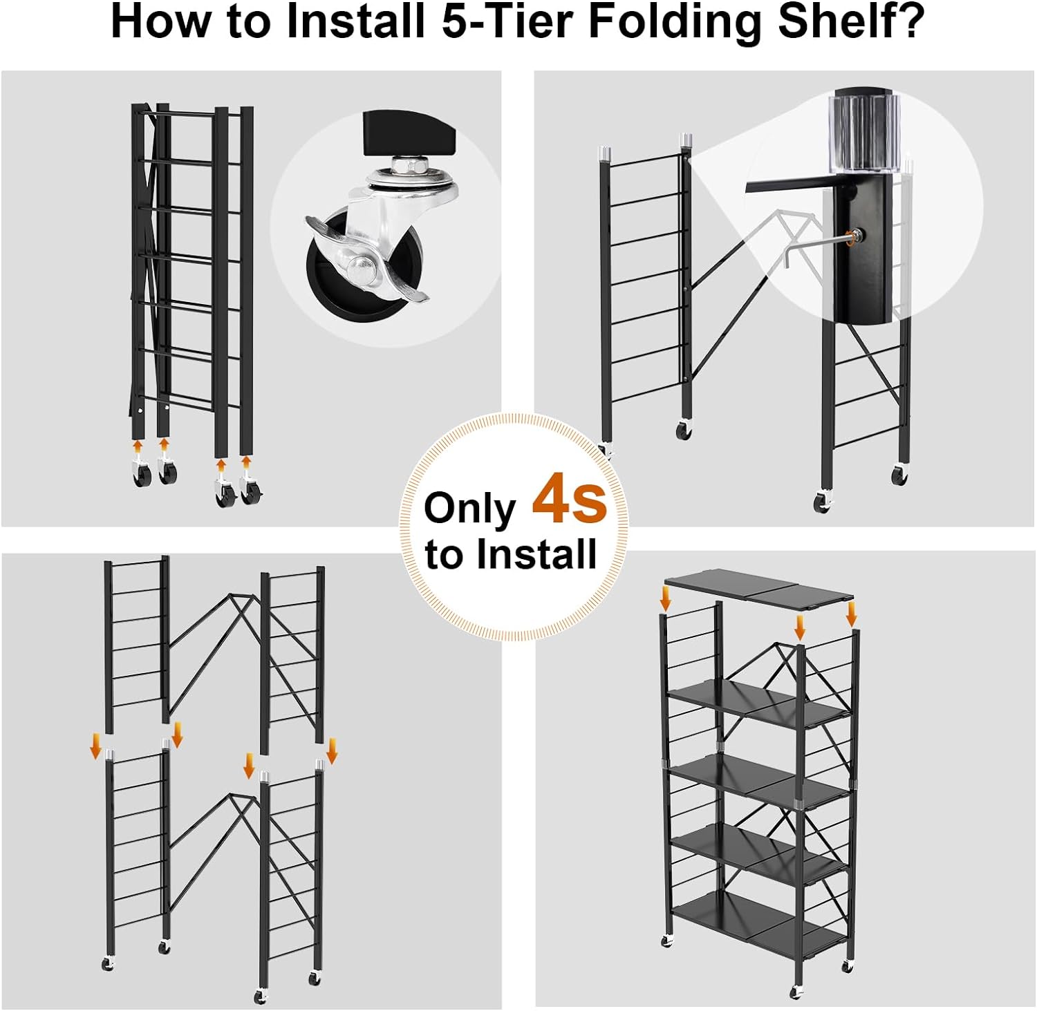 5 Tier Foldable Storage Shelves, Expandable Folding Shelving Units with Wheels, Changeable into 2 Shelf Units, Collapsible Adjustable Storage Rack Metal Shelves for Storage, Pantry, Garage, Kitchen
