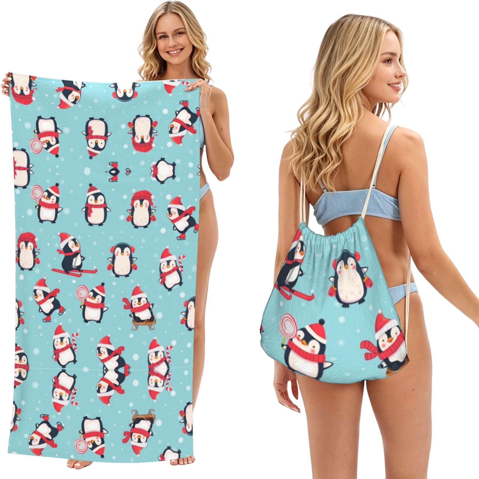 ESNAIUVCD Winter Christmas Penguins Print Beach Towel For Adults,Towel With Drawstring Bag, Travel Pool Swimming Sports Shower Sand Free Quick Dry Bath Towel For Pool, Beach, Yoga- 180x60cm