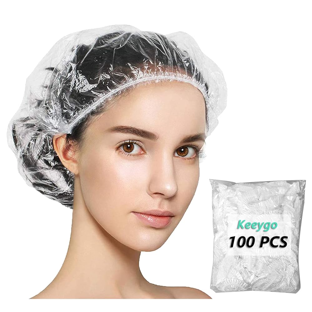 Keeygo Disposable Shower Caps 100 PCS Bath Caps Clear Waterproof Plastic Wraps for Women, Hotel Travel Essentials Accessories Hair Caps(20.5)