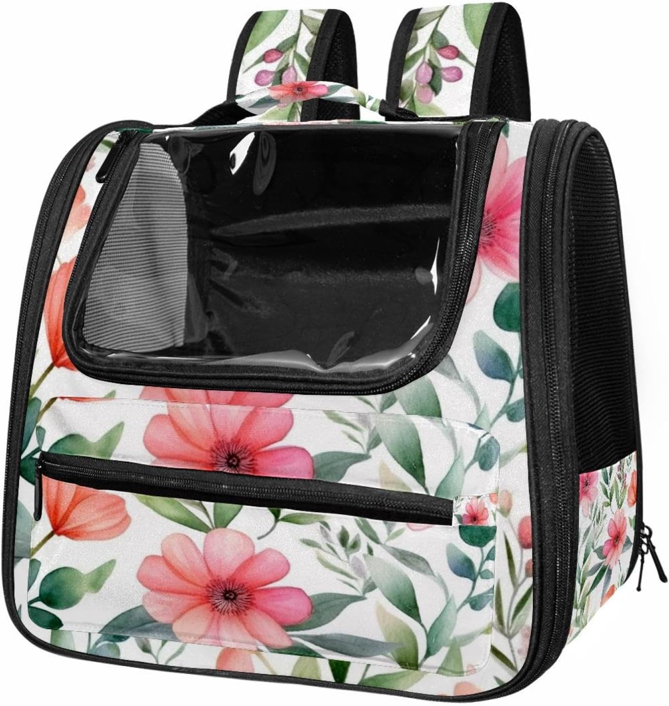 Portable Travel pet Backpack Carrier Hamster Bag Small Dog cat Carrier Breathable Hang Bag, Pink Flowers with Leaves