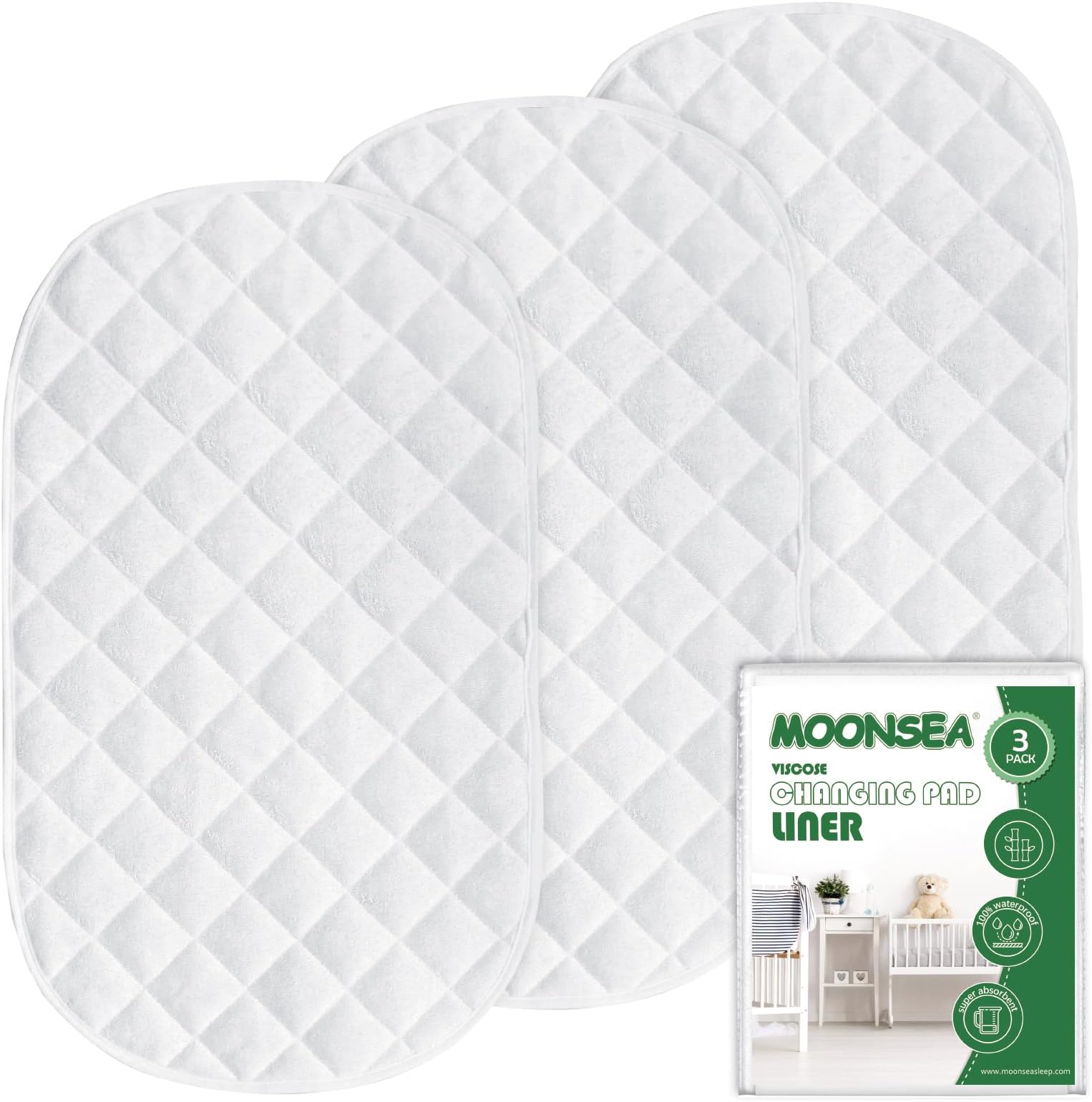 Diaper Changing Pad Liner Non-Slip, Waterproof Terry Mat Changing Pad Cover Liner, Quilted Absorbent Bassinet Liners Washable, 3 Pack 13"x 26" Reusable Portable Changing Table Pad White