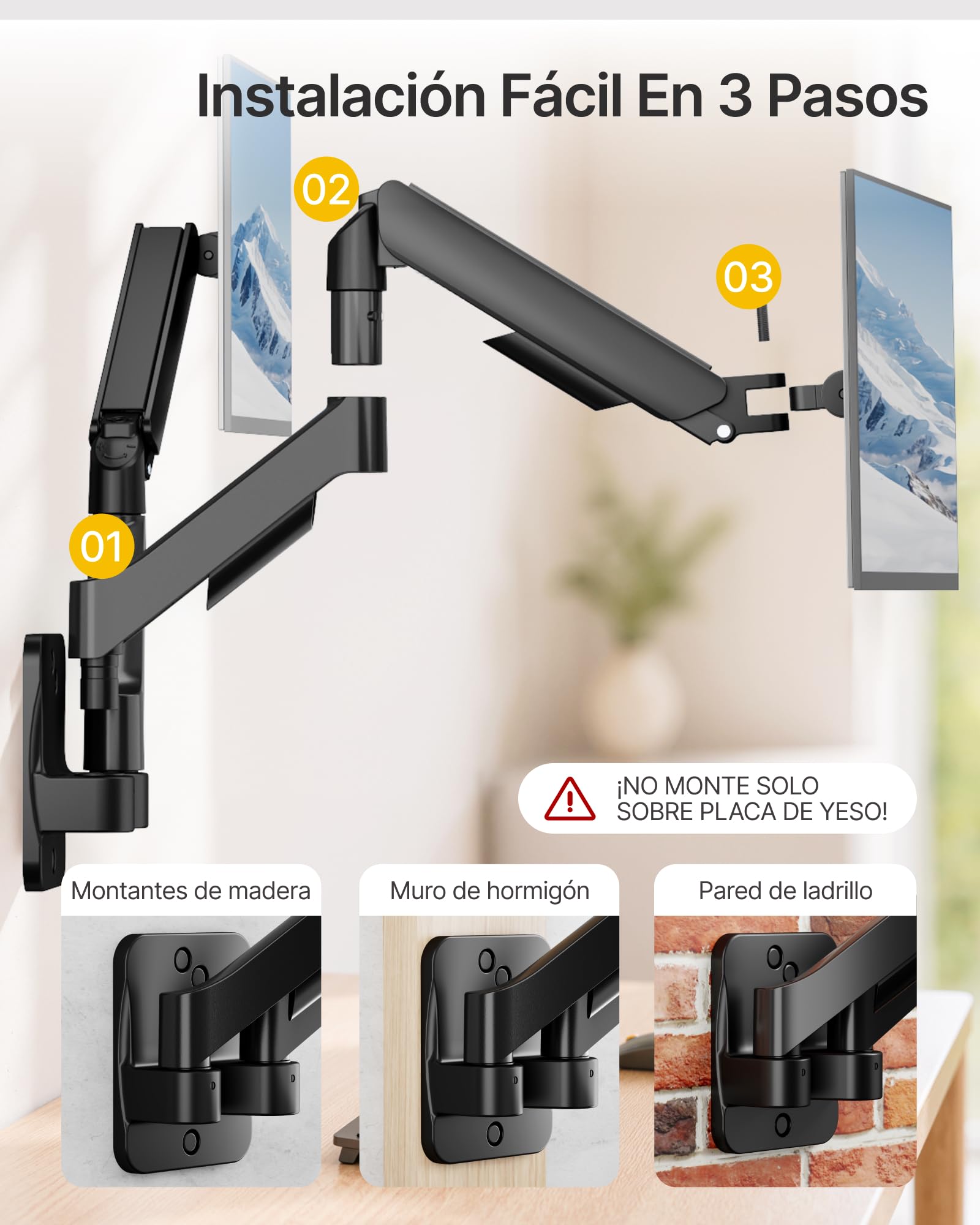 monTEK Soporte de pared para 2 monitores de 17 a 32 pulgadas hasta 9 kg | Giratorio, inclinable y giratorio, altura regulable, VESA 75 x 75/100 x 100