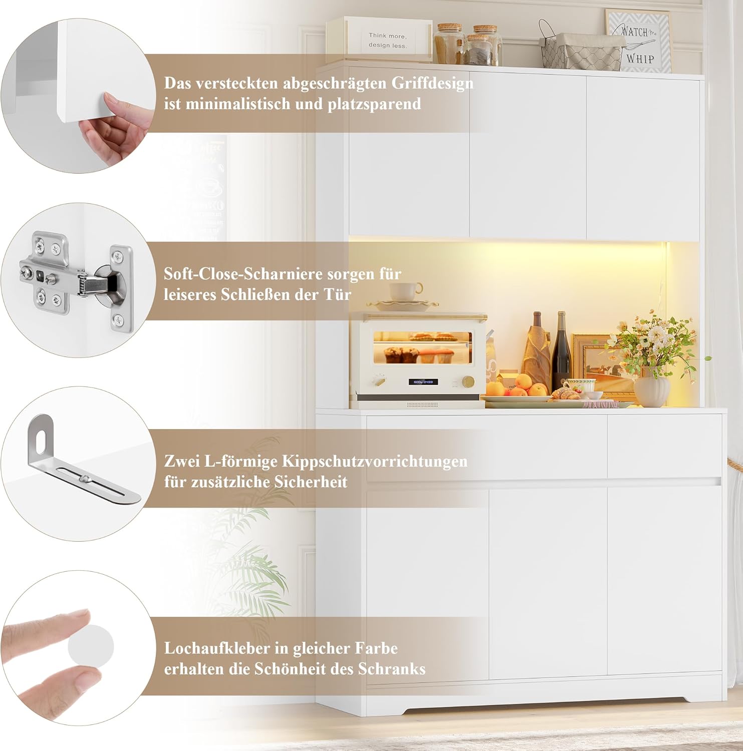 Close-up images detailing the design features of the FirFurd P706 Kitchen Cabinet, including a hidden beveled handle, soft-close hinges, L-shaped anti-tipping brackets, and color-matched hole cover stickers.