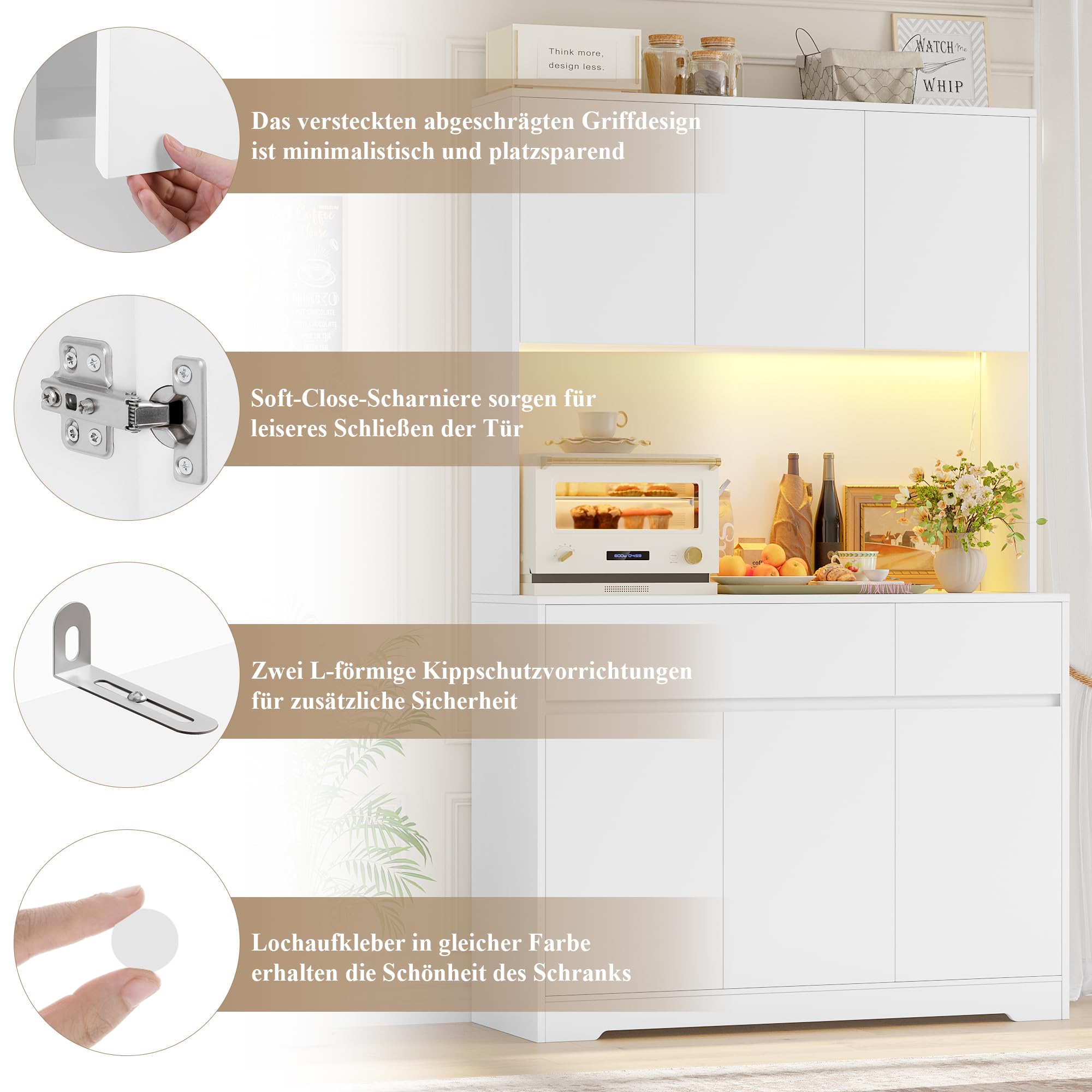 FirFurd Küchenschrank Buffetschrank mit LED und Steckdose Küchenschrank mit Arbeitsplatte Sideboard für Küche Wohnzimmer Esszimmer Küchenbuffet 180x100x38,5cm weiß