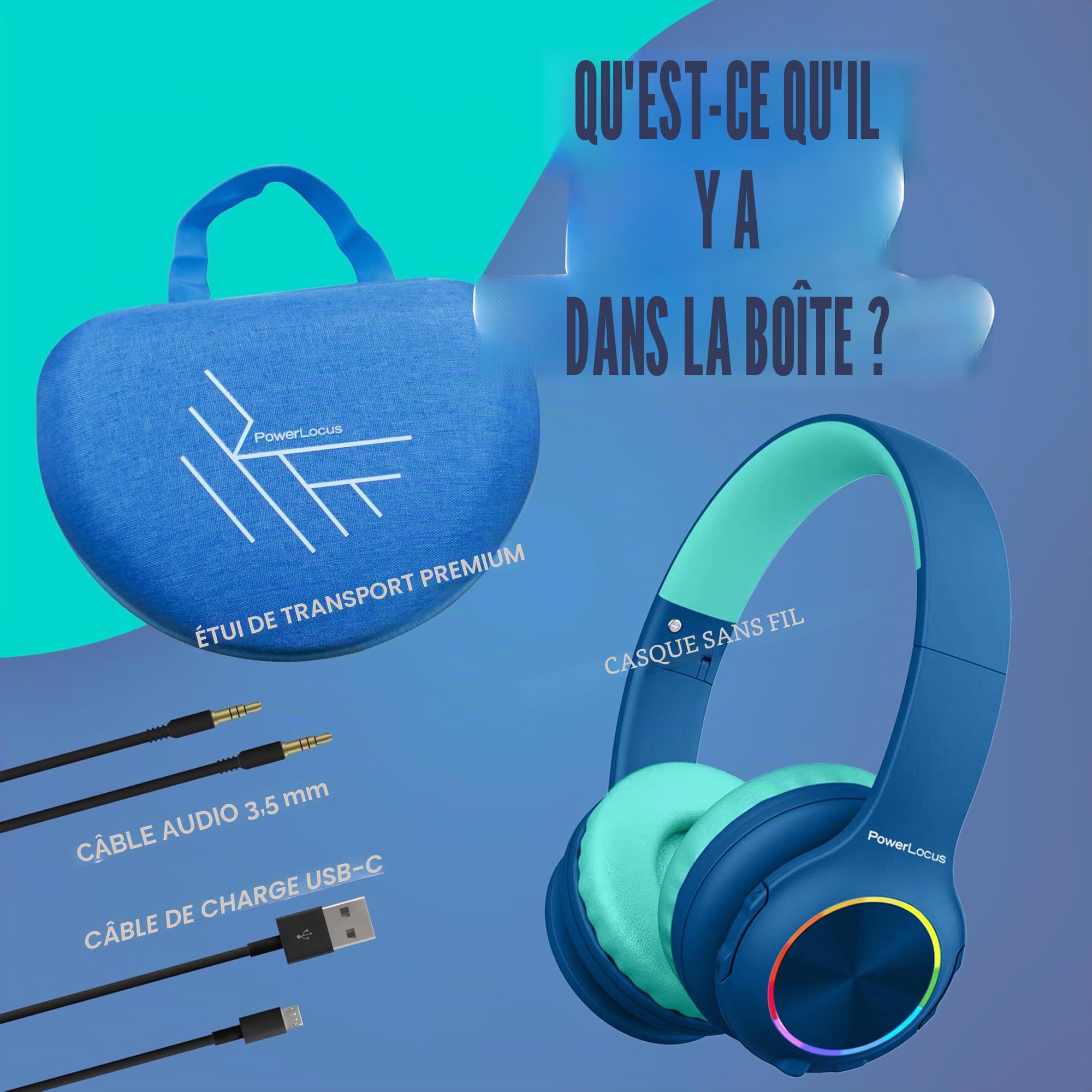 PowerLocus Casque Bluetooth Pliable sans Fil pour Enfant avec Lumières LED, HD Stéréo, USB-C Recharge Rapide, Micro intégré, SD Mode et Filaire pour iPhone/Tablettes/TV