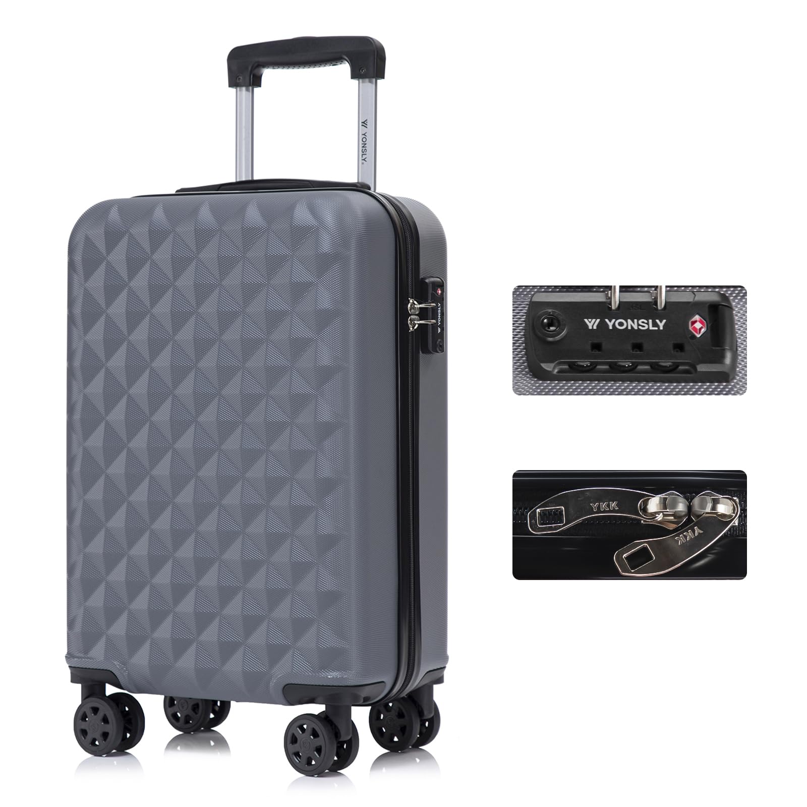 YONSLY Trolley Koffer Set, Reisekoffer, Rollkoffer Handgepäck, Kabinkoffer Suitcase, Gepäckset mit 360° Rollen, Hartschalenreisekoffer, Zahlenschloss, Gummigriff