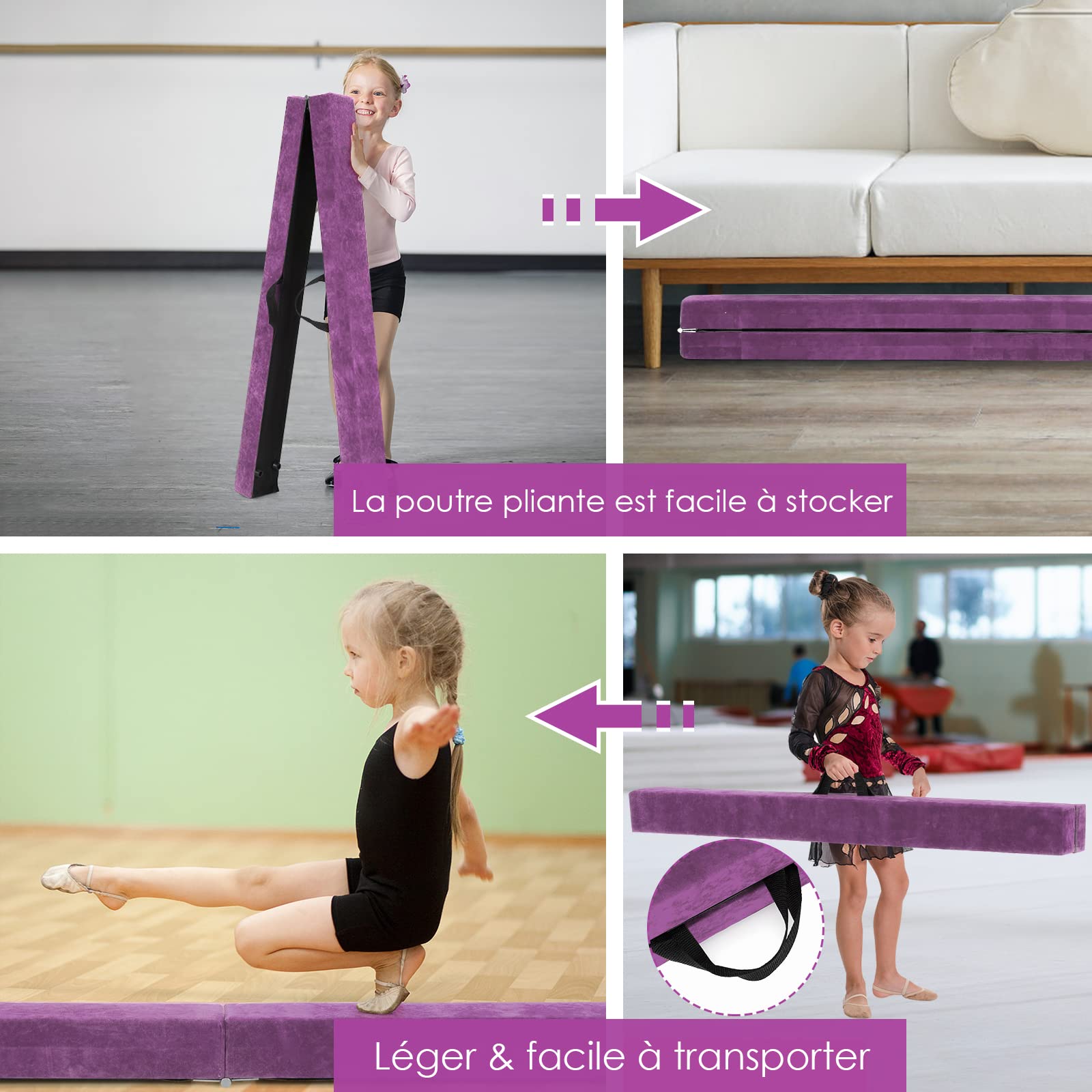 COSTWAY Poutre de Gymnastique Pliable, Barre de Gymnastique au Sol Portable en Mousse avec Housse en Daim Amovible et Fond Antidérapant Poignées, pour Enfants, Gymnastes
