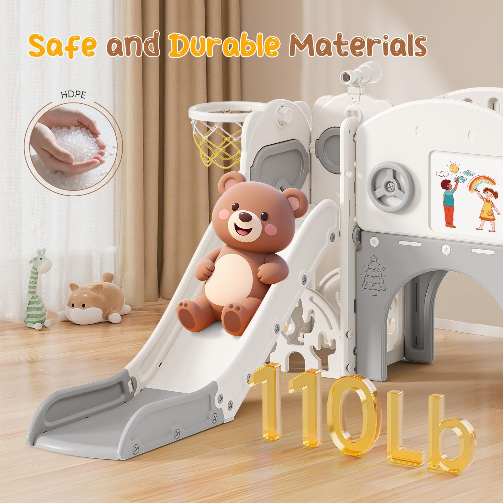 Tobogán para niños con aro de Baloncesto, Tobogán para jardín de Infantes, Parque Infantil Interior y Exterior, Kit de Juego de Escalada Independiente con tobogán para bebés (Beige Gris-10 en 1)