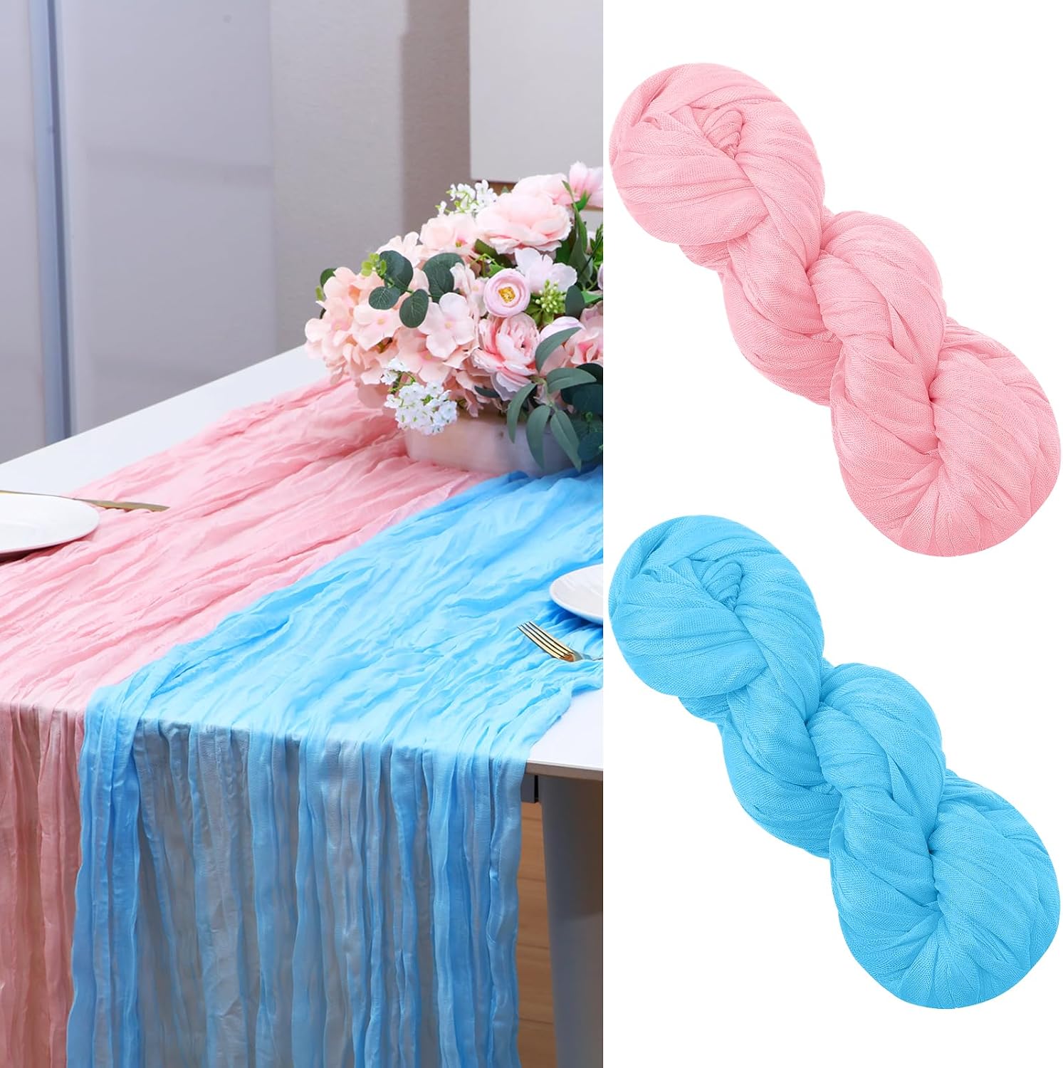 Gilprop 2 Pcs Cheesecloth Table Runner 35" x 120", Pink and Blue | Gender Reveal Cheesecloth Table Runner, Baby Shower Rustic Gauze Party Decorations, for Birthday Wedding Bridal Shower