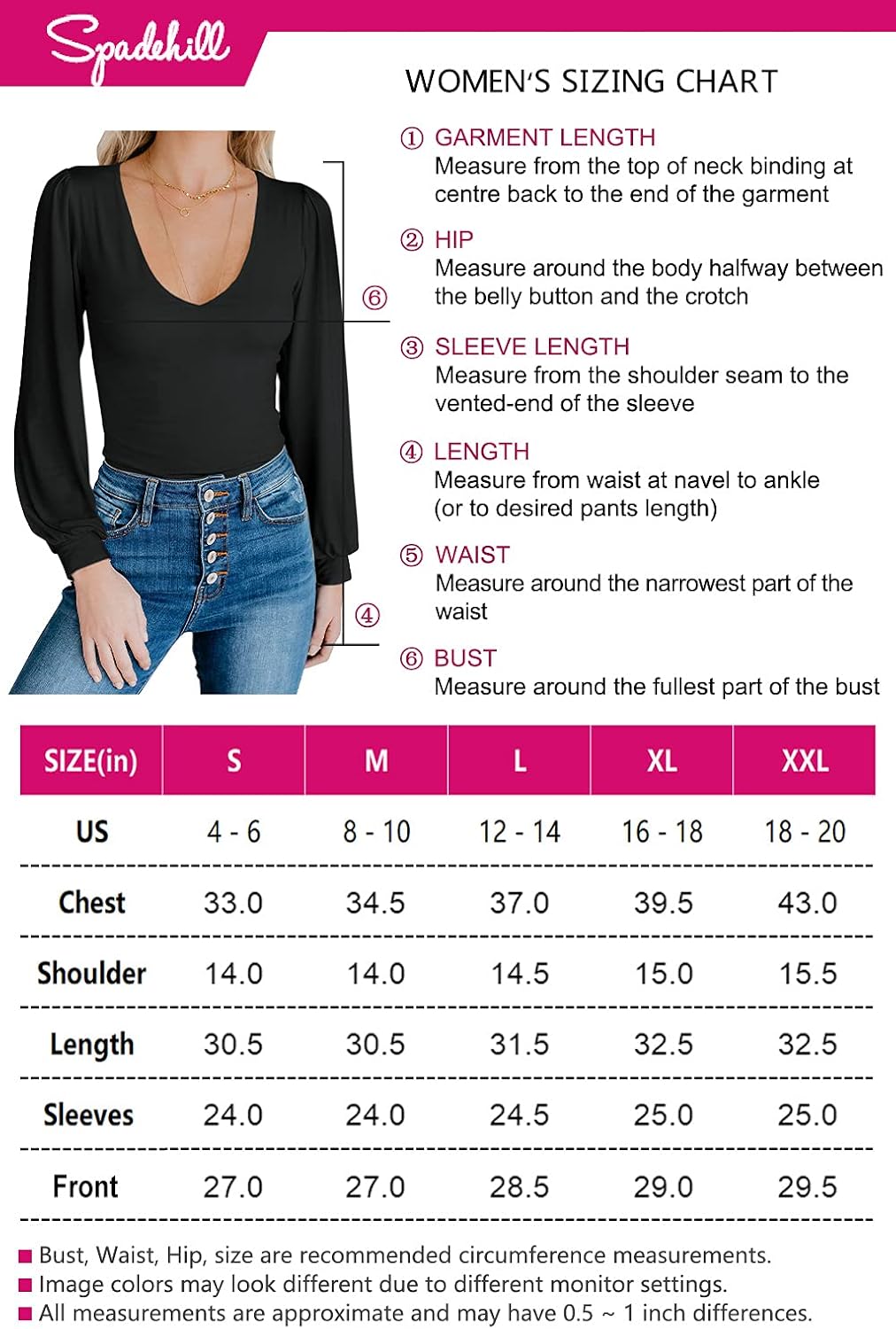Spadehill Women's V-Neck Long Sleeve Bodysuit : Clothing, Shoes & Jewelry