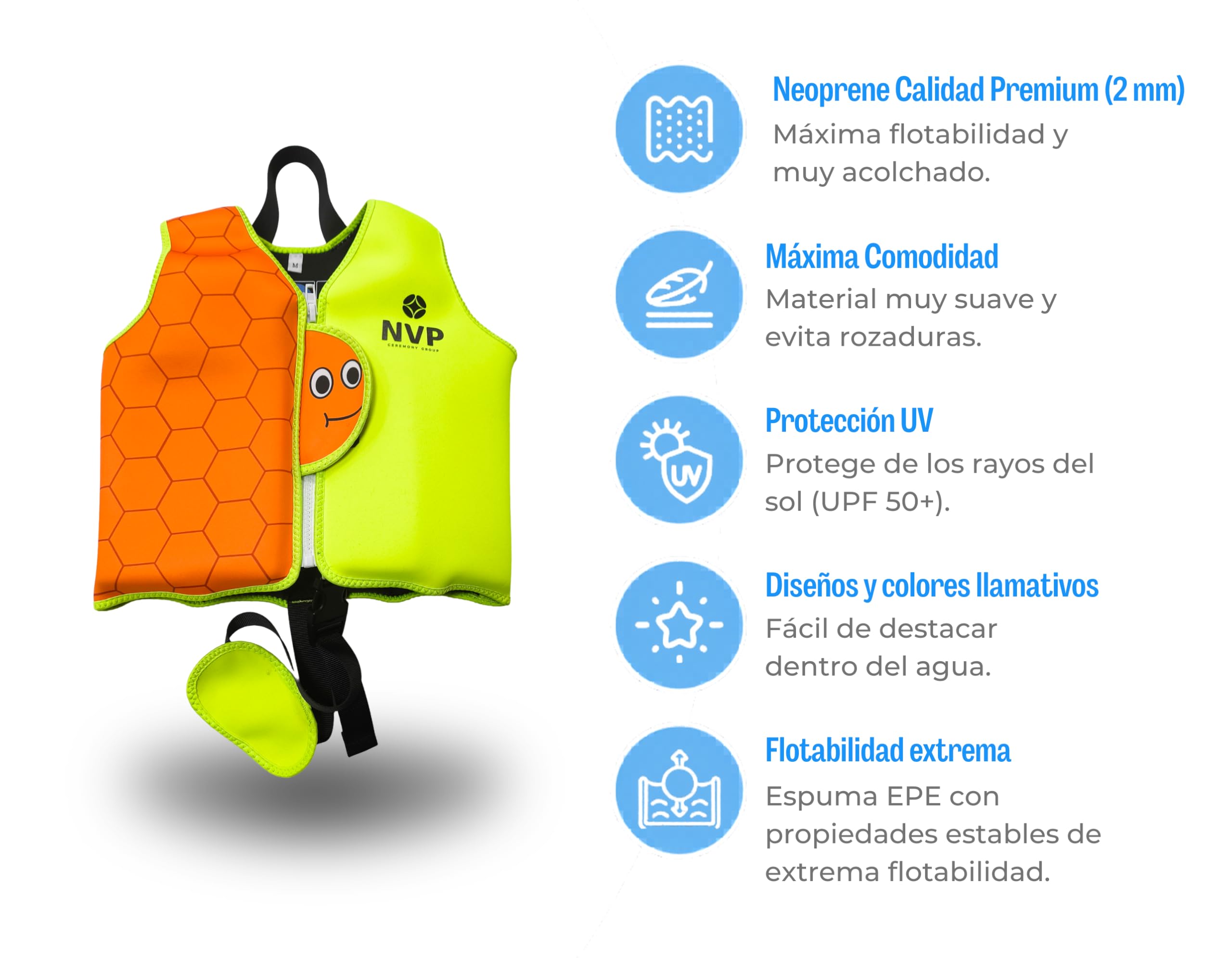 Chaleco de Natación Infantil de Neopreno NVP para Bebés y Niños 1-6 Años - Chaleco Flotador Ajustable con 8 Paneles de Flotación