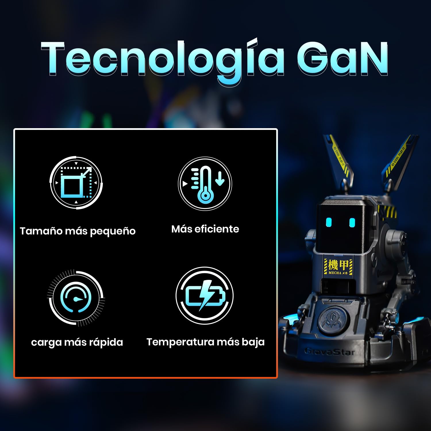 GRAVASTAR Cargador USB-C GAN 65W Robot con 3 Puertos | Adaptador USB-C con exclusivo diseño de robot, 2 USB-C y 1 USB-A para carga rápida con un estilo único de escritorio