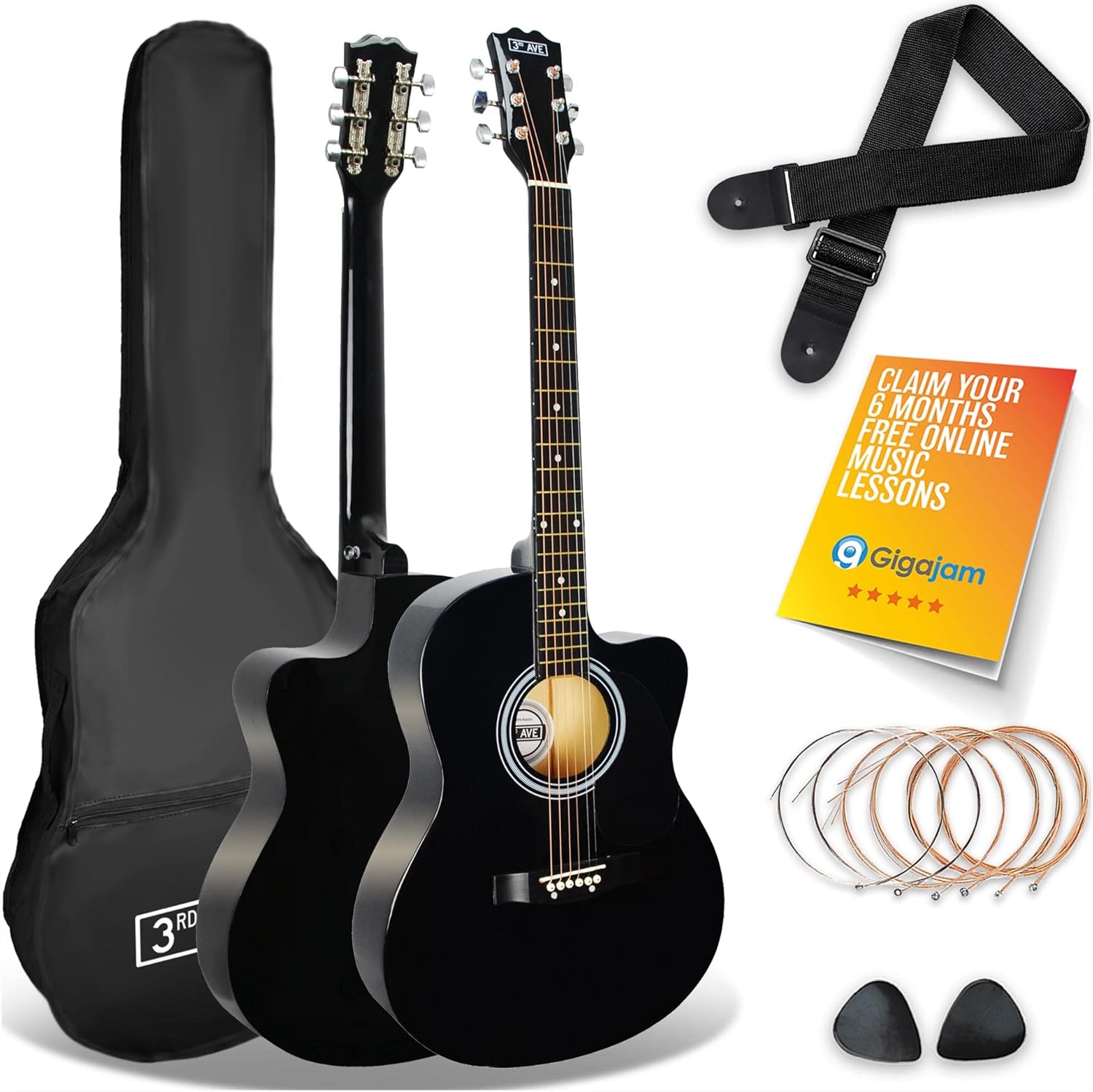 3rd Avenue Full Size 44 Cutaway Acoustic Guitar Pack Bundle for Beginners - 6 Months FREE Lessons, Bag, Strap, Picks and Spare Strings - Black