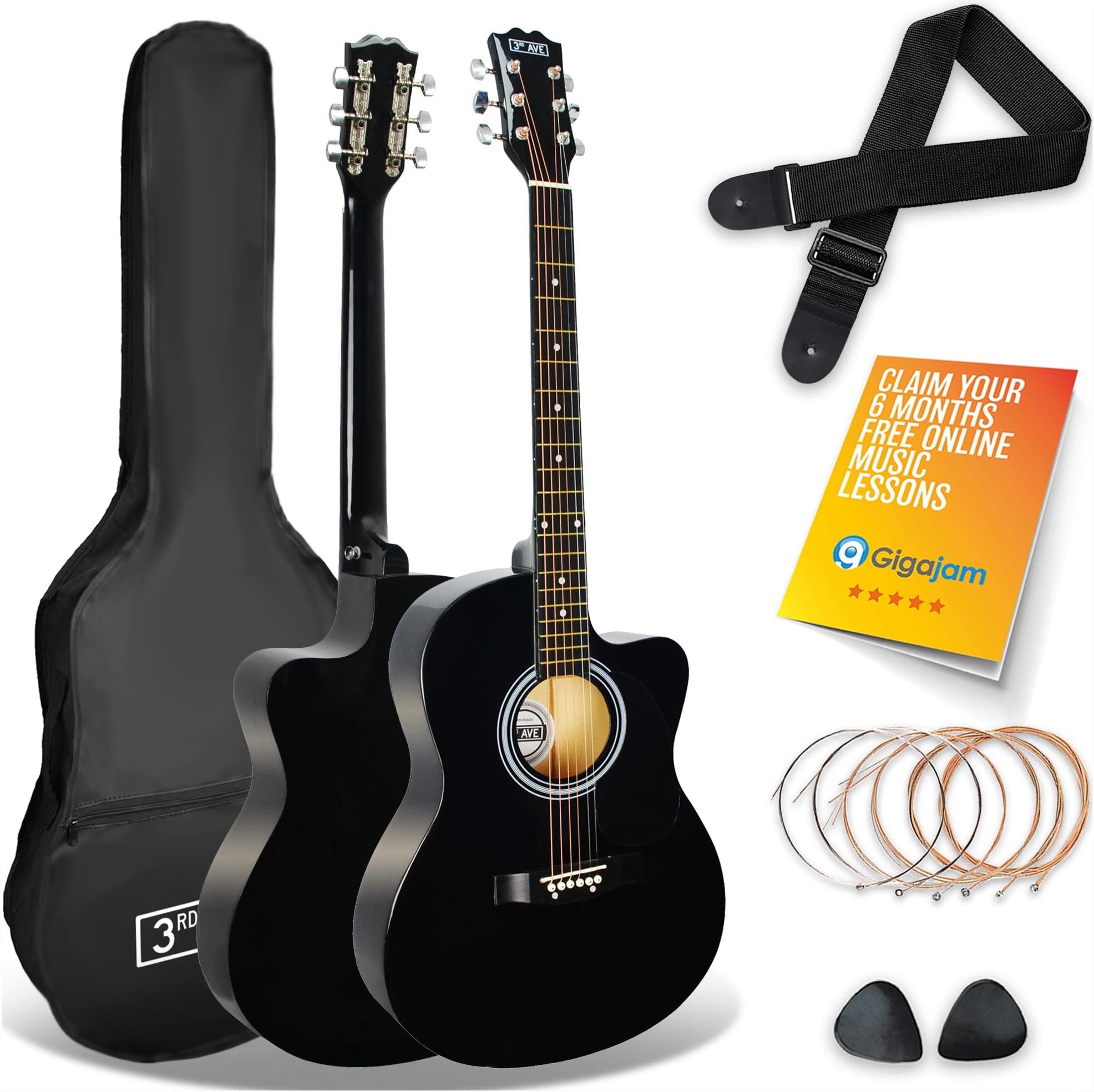 3rd Avenue Full Size 4/4 Cutaway Acoustic Guitar Pack Bundle for Beginners - 6 Months FREE Lessons, Bag, Strap, Picks and Spare Strings - Black