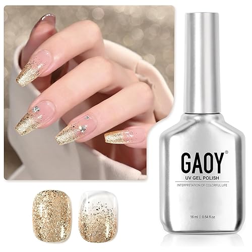 GAOY Esmalte de uñas de gel con purpurina, 0.6 onzas líquidas, esmalte de gel dorado brillante, gel UV con purpurina brillante para arte de uñas,