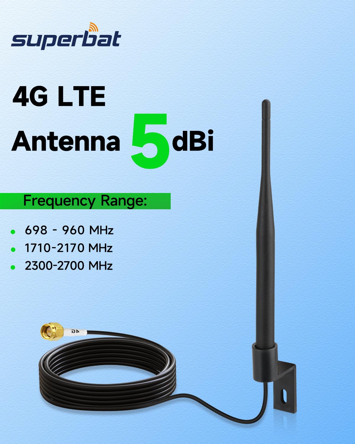 Superbat Antenna Esterna 4G LTE Maschio SMA 5dBi 698-2700MHz Cavo RG174 3m 50Ω Impermeabile Omnidirezionale e Supporto di Montaggio per Router, Gateway, Modem e Telecamere di Sorveglianza Cellulari