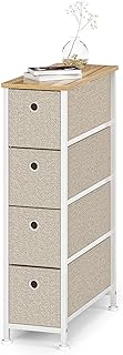 Armadietto Piccolo Cassettiera Stretti con 4 Cassetti in Tessuto Comodino Metallo Pratico Organizer Moderno per Cameretta Soggiorno Cucina Ingresso Corridoio Legno Acciaio Bianco e Beige