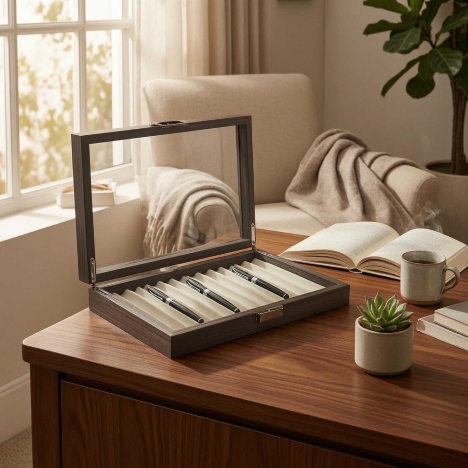 kowaku Pen Display Case Espositore Porta Penne Scatola Custodia in Legno con Finitura Venata Coperchio in Vetro Scomparti con Scanallature Antipolvere con Ganci Metallici Adatta a Studio , Noce Nero