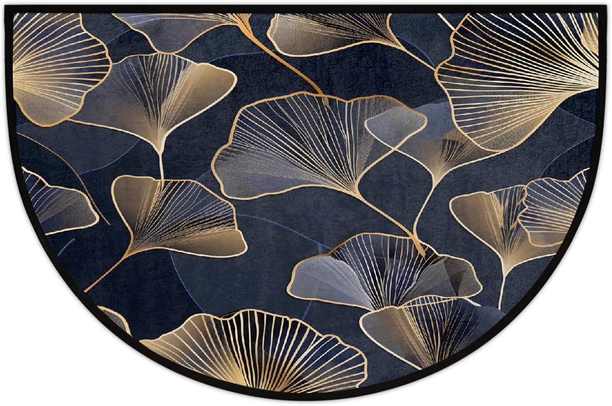 Half Round Door Mat Gold Ginkgo Leaf Abstract Half Moon Rug Washable Half Circle Area Rugs Indoor Entrance Non Slip Semi Circle Bathroom Rugs Floor Carpet for Kithen Bedroom Fireplace Decor