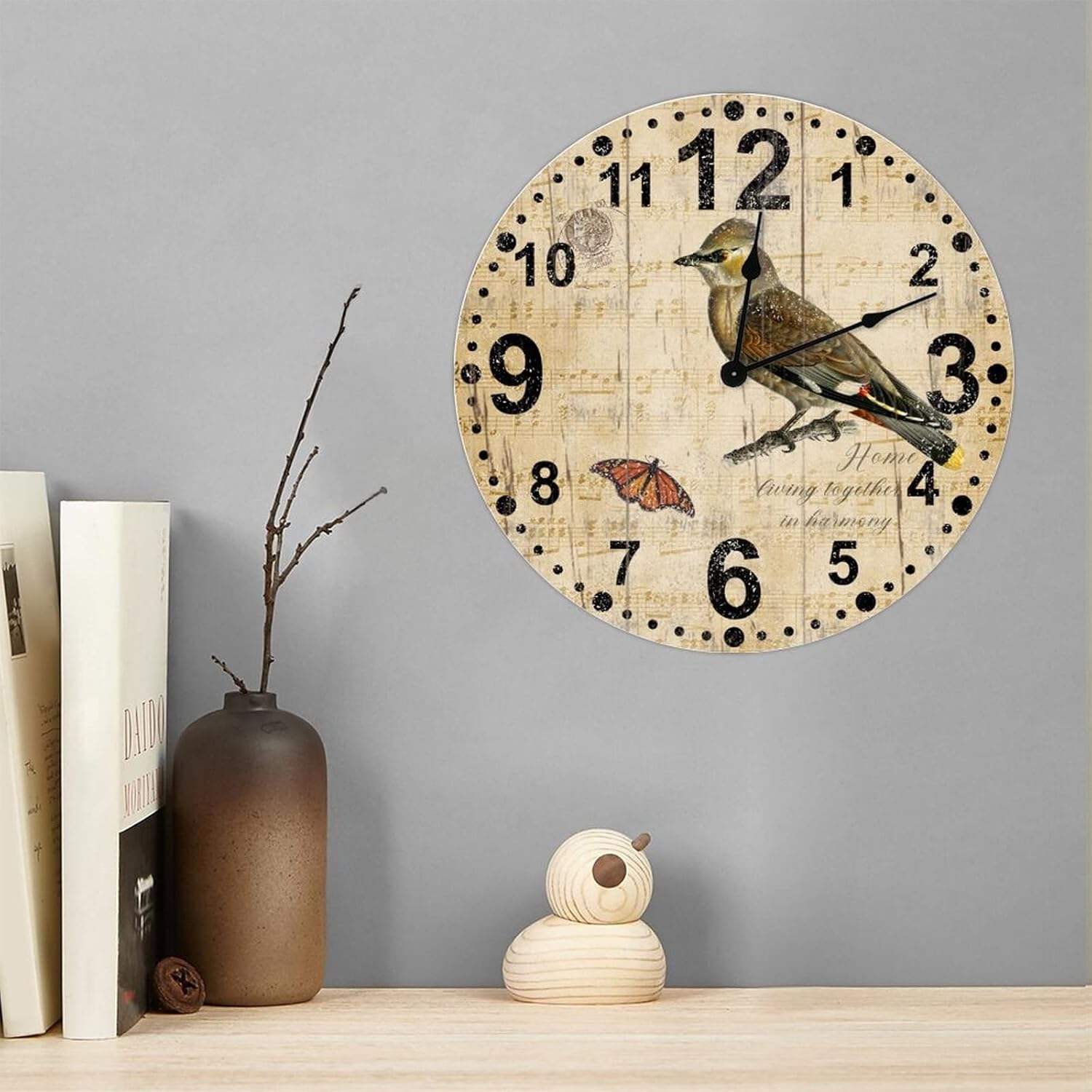 Vintage Bird Wall Clock Rustic 12 Inch Silent Battery Operated Round Decoration Quiet Classic Quartz Arabic Numerals Wall Art Clocks for Bedroom Farmhouse Kitchen Nursery Room