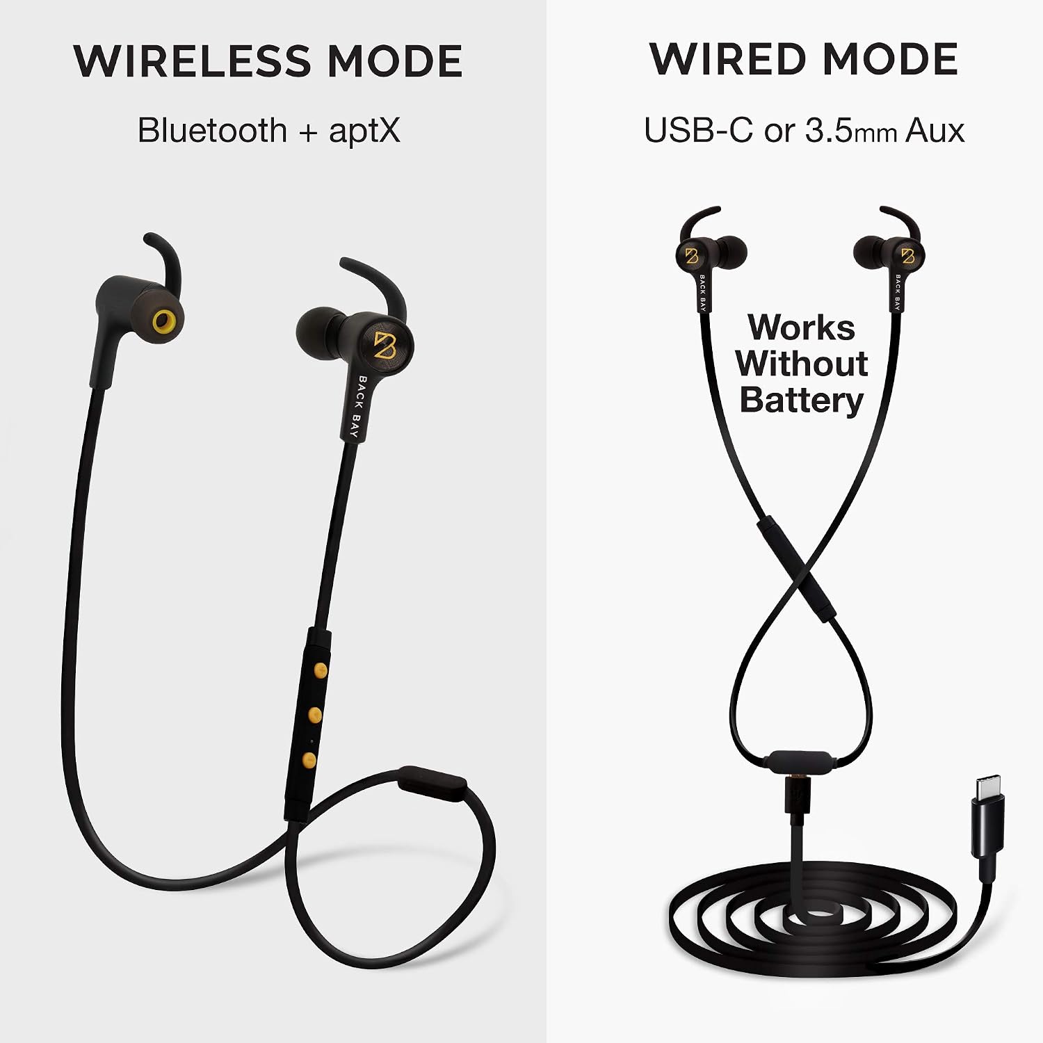 Back Bay 3-in-1 Wireless & Wired USB-C Headphones [Bluetooth, USB Type C, Aux 3.5mm Cables] Sweatproof Earbuds Bass Earphones. Pixel, Note, Galaxy