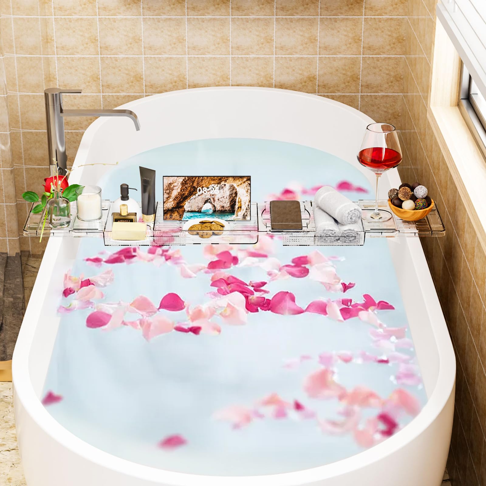 Vassoio per Vasca da Bagno Allungabile in Plastica Trasparente 80-120cm - Mensola con Porta Libro, iPad, Candela - Accessori Relax