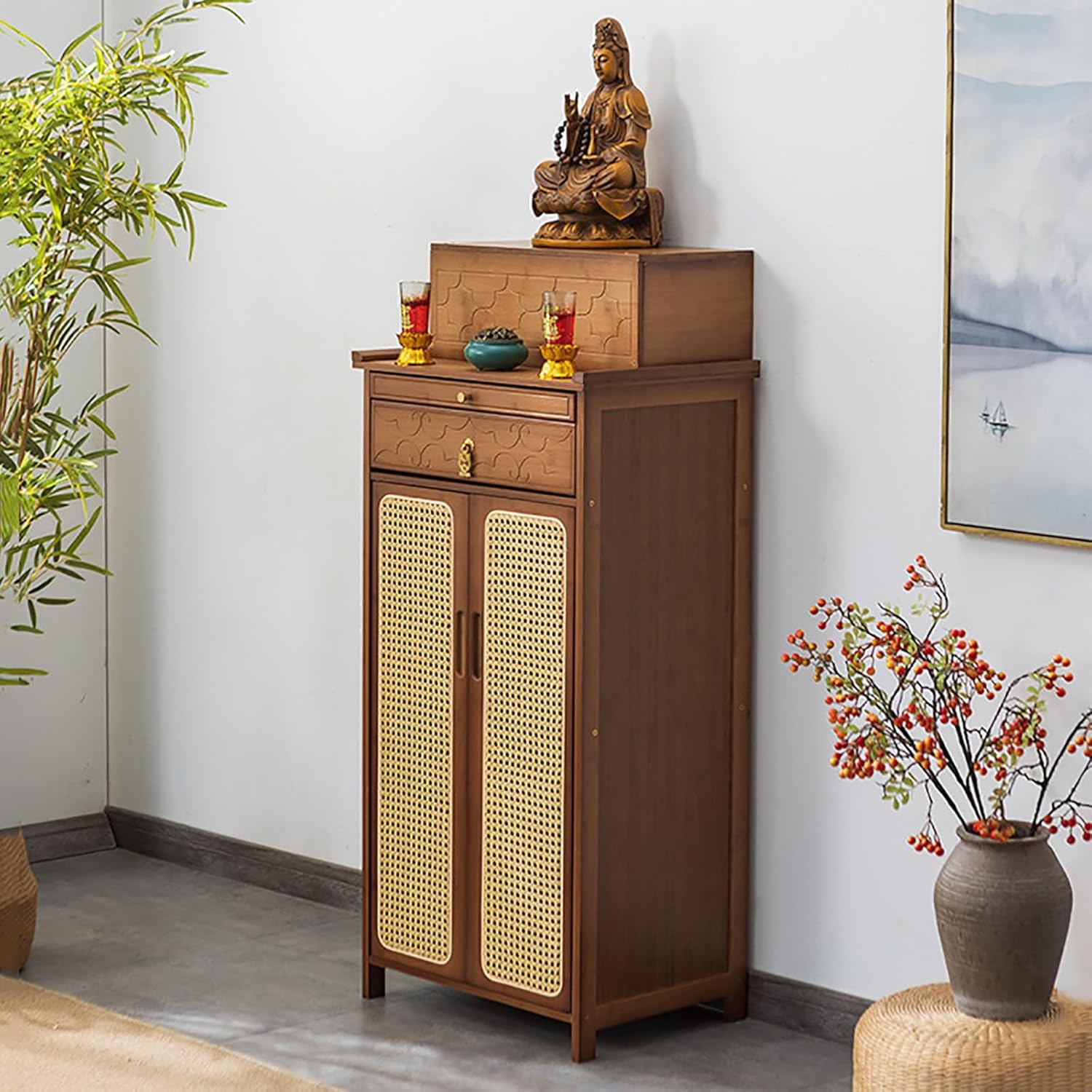 Walnut Bamboo Shrine Altar Table with Drawer & Storage, Chinese Offering Pedestal Table, 42cm Personal Shrine Cabinet with Plastic Rattan Door for Home Decor