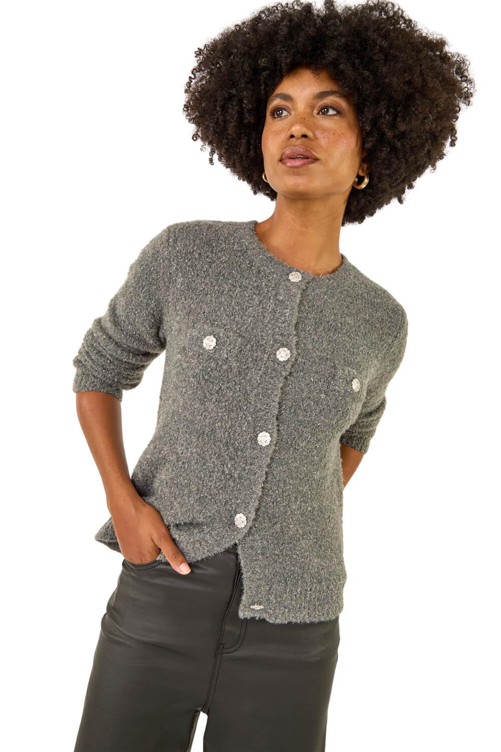 Roman Women's Grey Fluffy Sparkly Button Cardigan