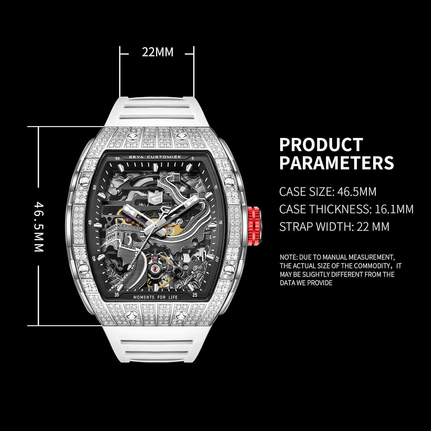 Redhai Luxury Crystal Diamond Dragon Mechanical Watches, 50M Waterproof Skeleton Dial Rose Gold Case Stainless Steel Watchband Chinese Loong Watches for Men