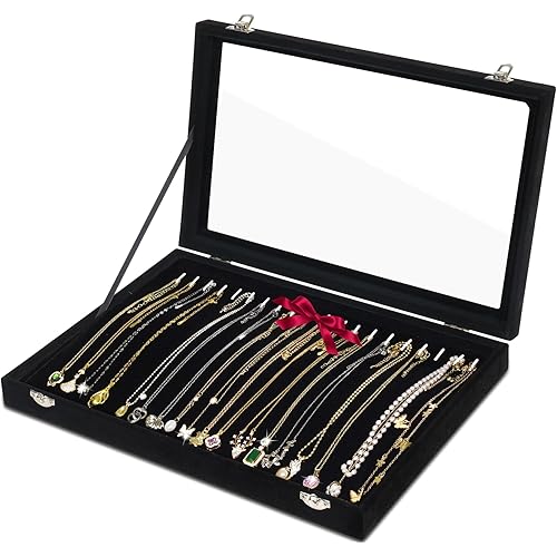 Jenseits Necklace Organizer Box, Tray with Clear Lid, Velvet Dustproof Necklaces Holder Storage Display Case, 20 Hooks Glass Top Jewelry Tray Drawer Insert for Pendant Bracelet