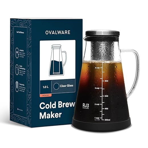 ovalware Airtight Cold Brew Iced Coffee Maker Pitcher and Tea Infuser with Spout - 1.0L / 34oz RJ3 Brewing Glass Carafe with Removable Stainless Steel Filter