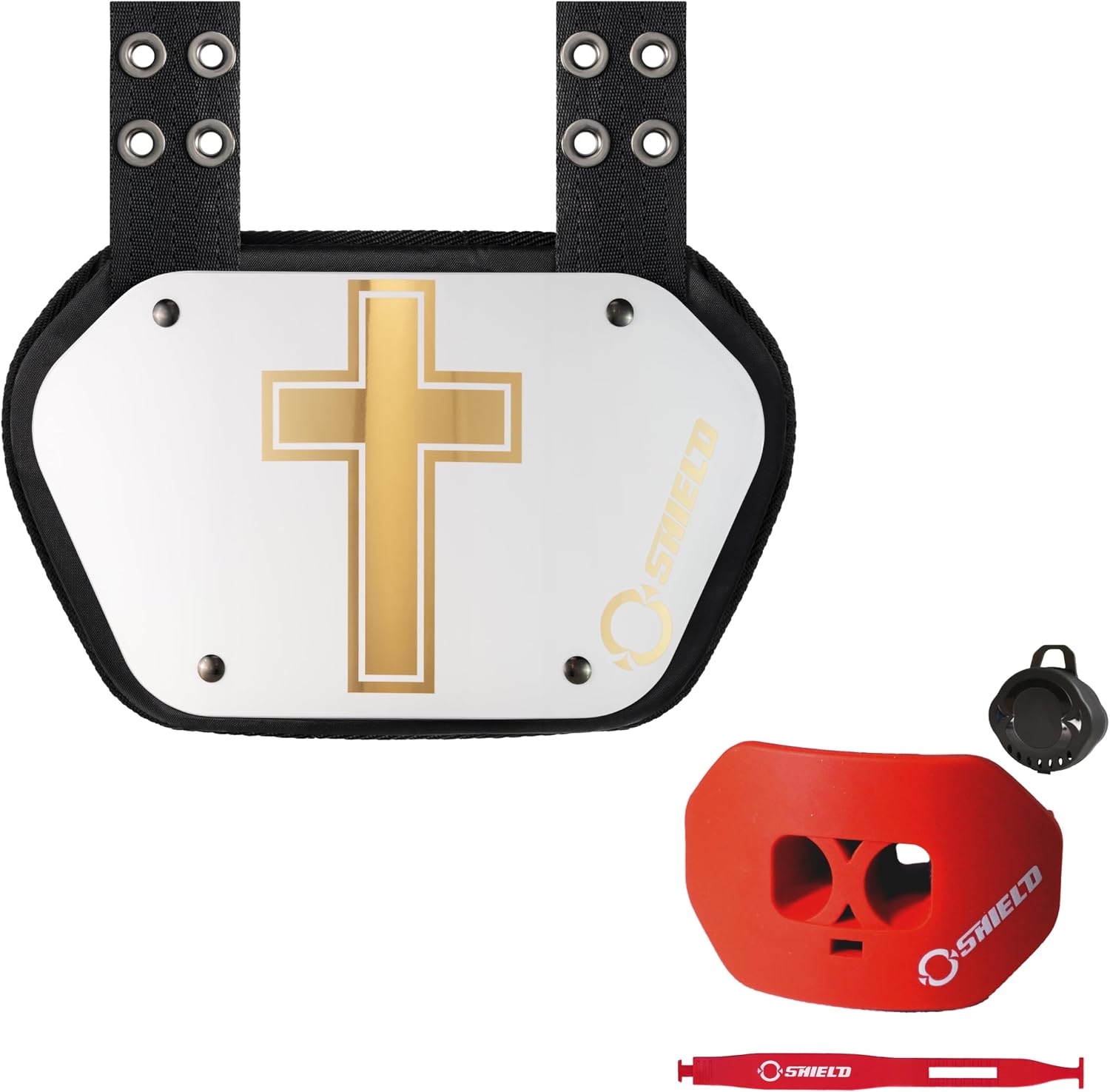 O Shield Holy Cross Black Football Backplate with Red Mouthguard, Backplate Football with Mouthguard, Sold by Package, Youth Fit