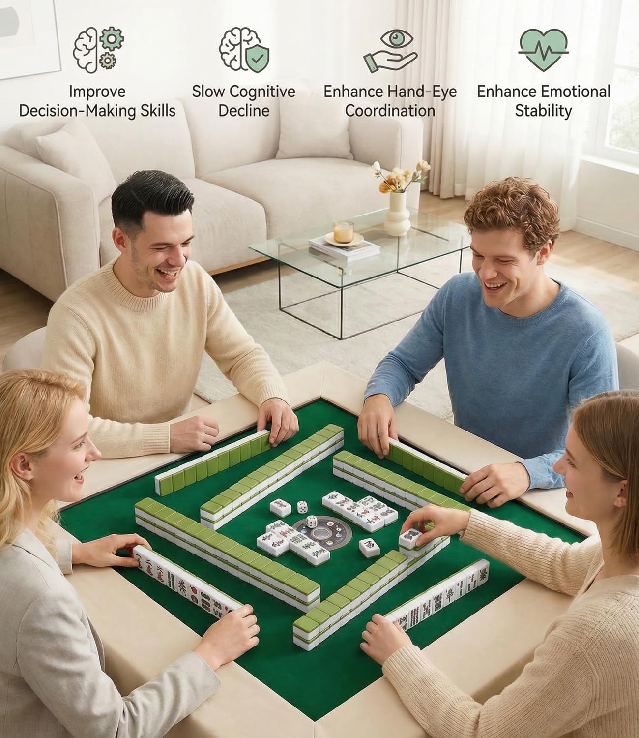 TVOOD Mahjong Set Full Size with Numbers 144Pcs Mahjong Tiles (362720mm) Portable Mahjongs Game Set with 3 Dice and Carrying Travel Case for Family Party Play - Image 4