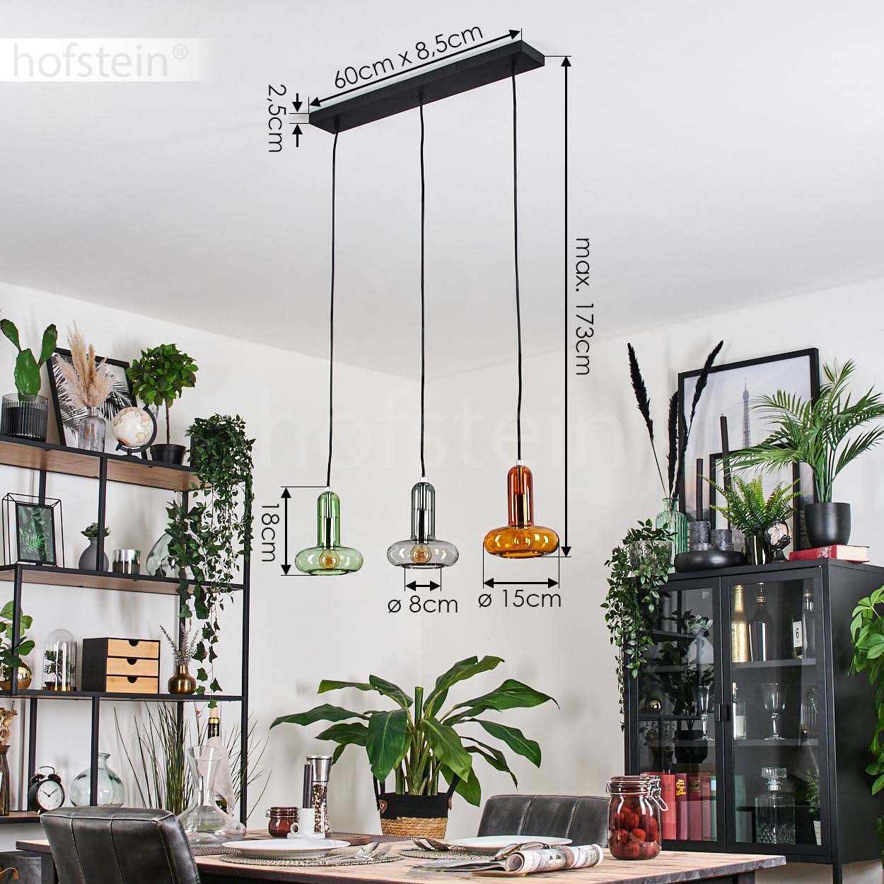 HOFSTEIN Pendelleuchte Salavisa, moderne Pendellampe aus Metall/Glas in Schwarz/Bernstein/Rauch/Grün, Hängeleuchte im Retro-Design, Schirme aus Glas Ø 15 cm, Höhe max. 173 cm, 3x E14, Esszimmer, Küche