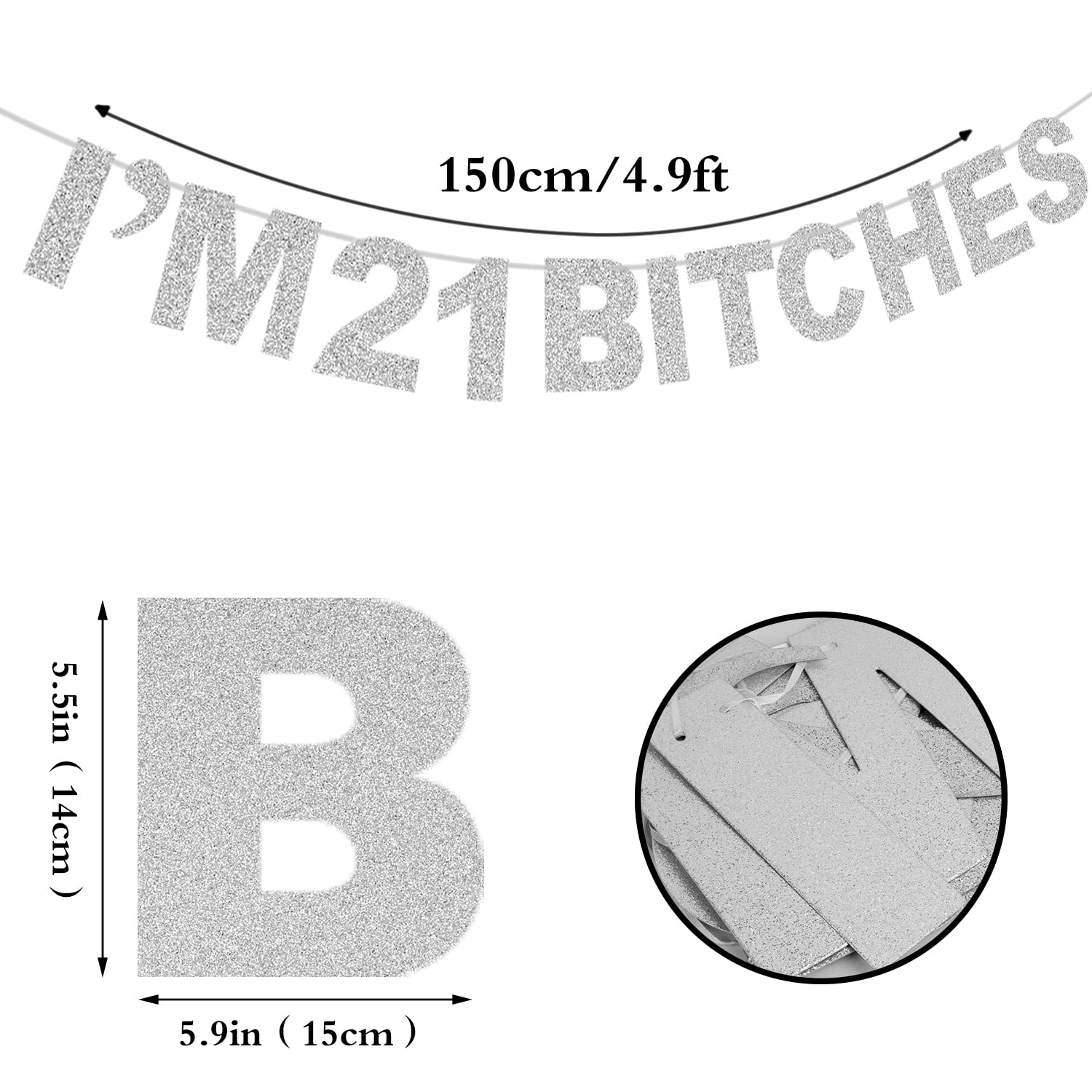 LINGTEER I'm 21 Birthday Glitter Banner – Pre-Strung Silver Glitter Bunting, 6.4ft Long, For 21st Party Decor