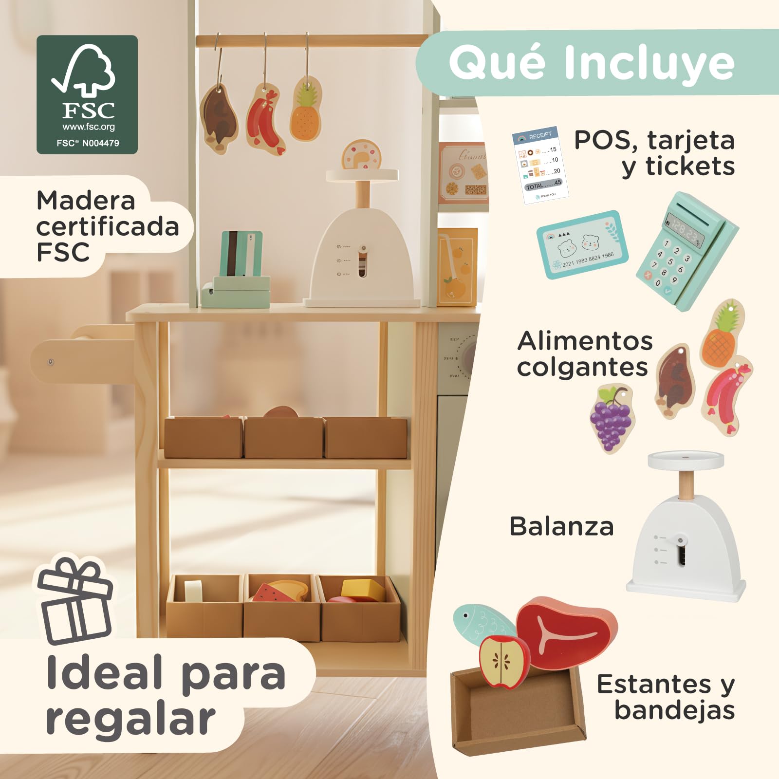 Nene Toys Tienda de Supermercado de Madera – Puesto de Mercado Todo‑en‑Uno con Caja Registradora, Balanza, Pizarra, Barra Colgante, Asa & Ruedas – Lado Reversible con Horno – Regalo Niños 3–7 Años