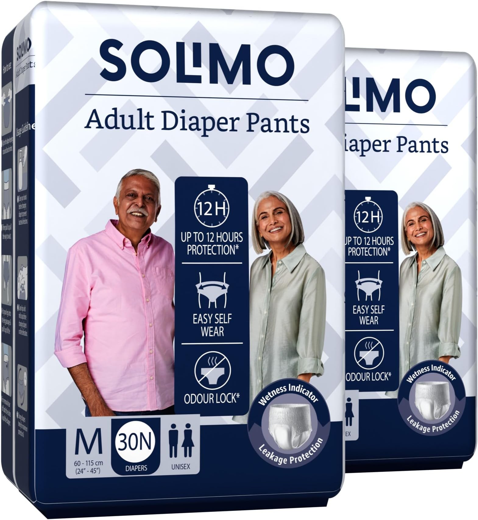 Amazon Brand - Solimo Adult Diapers, Pant Style | Pack of 60 | Medium Size | Waist 24-45 in (60-115 cm) | Unisex | Quick Absorption | Leak Proof Upto 12 Hours | Wetness Indicator | For Men & Women