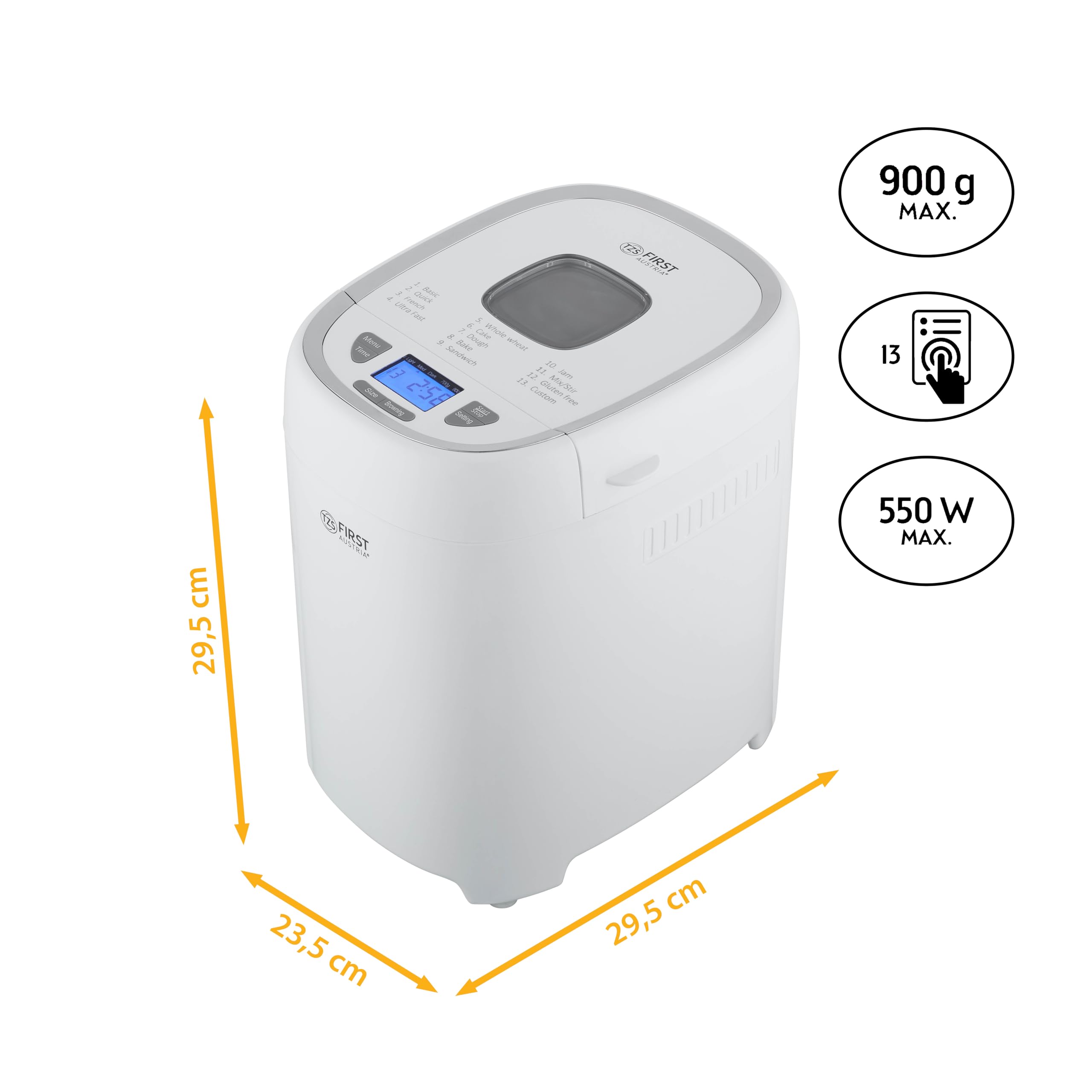 TZS First Austria - Brotbackautomat 900g - 550W - 13 Programme & Timer - Brotbackmaschine mit Knethaken - Weiß/Grau